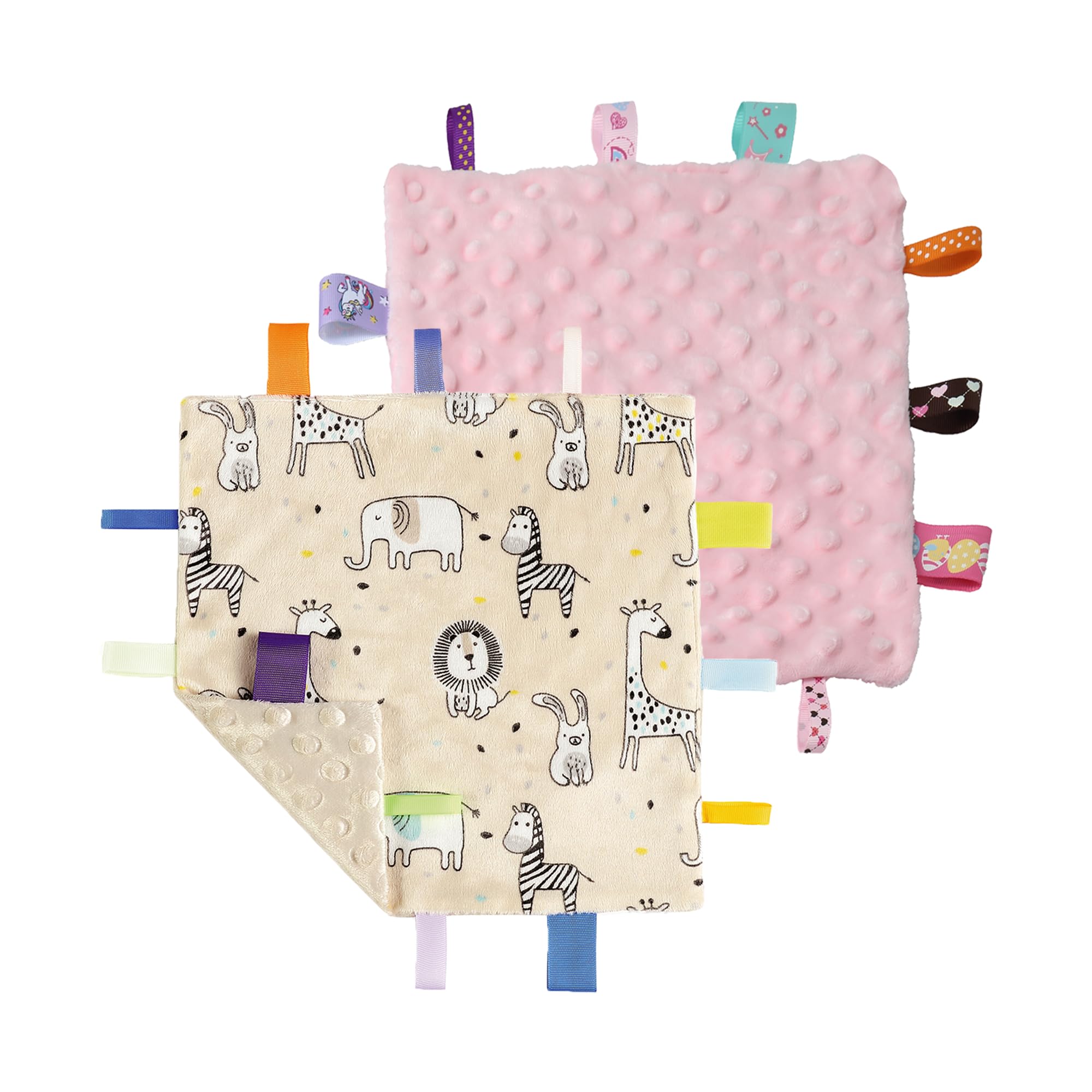 CREVENT Tag Security Blankets for Babies, Soft Small Loveys for Boys, Baby Comforter Sensory Blanket, Great Gifts for Birthday Baby Shower (10"X10" Zoo + Pink)
