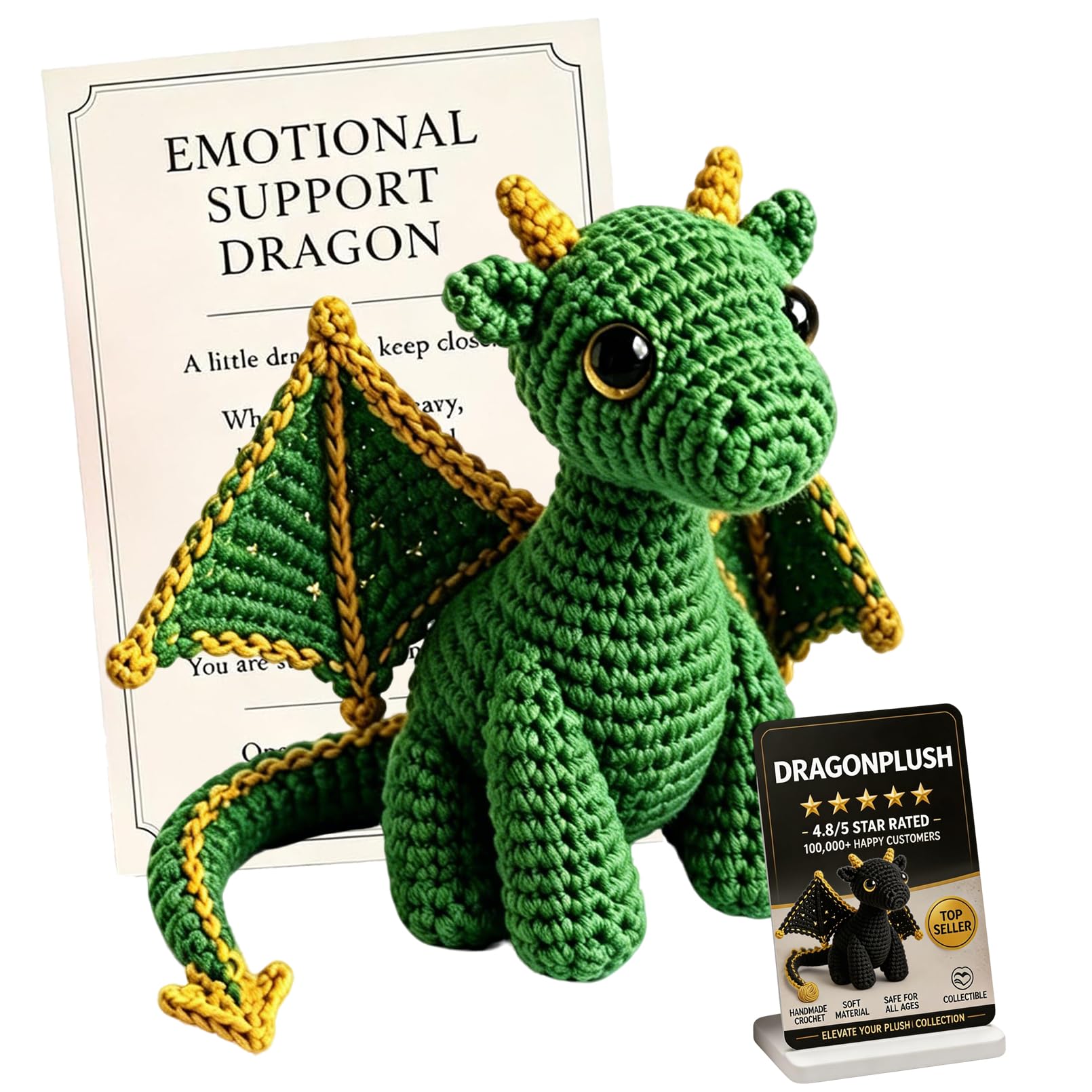 Emotional Support Dragon Pocket Buddy, Handmade Cute Plush Stuffed Dragon with Encouragement Card, Emotional Positive Crochet Gift (Green)