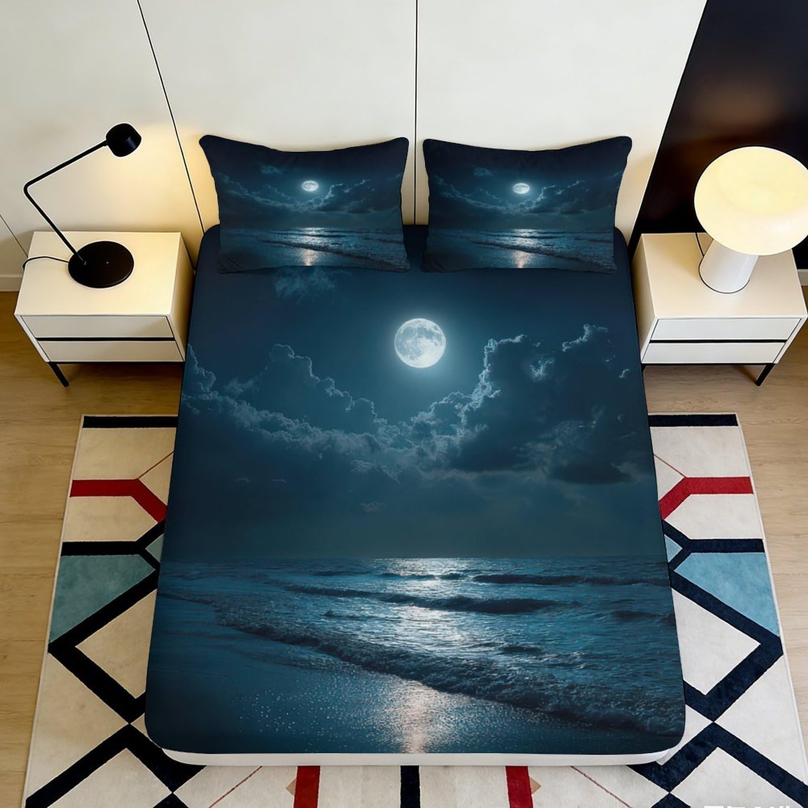 3D Printed Moonlit Ocean Fitted Sheet Microfiber Soft Blue Night Sky Mattress Cover for Bedroom Guest Room 200x200x25cm
