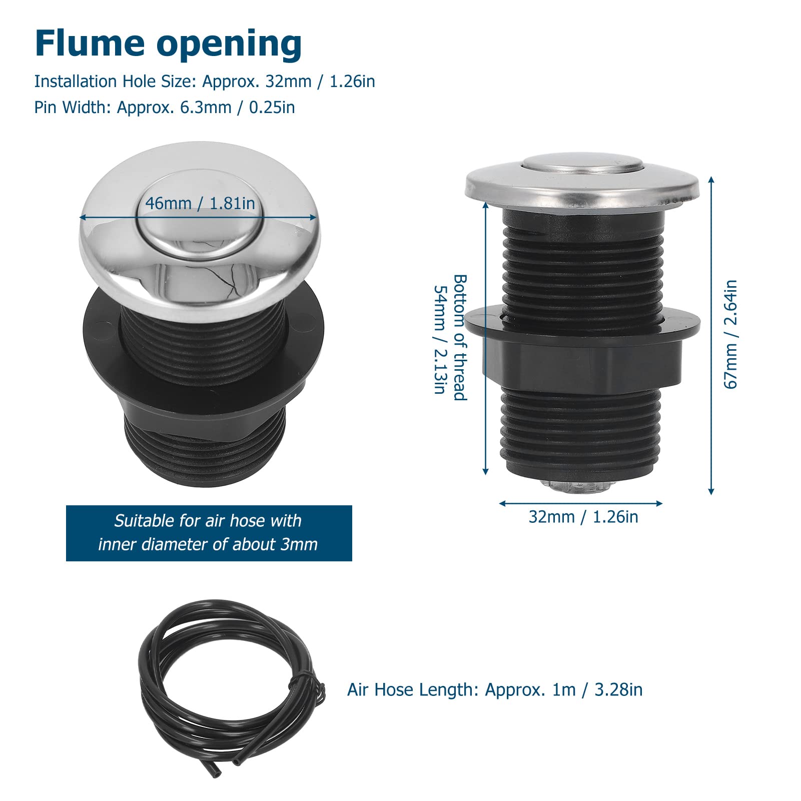 Bouton Poussoir Pneumatique en Acier Inoxydable 304 Bouton Poussoir D'air Bouton Poussoir en Acier Inoxydable pour Machine D'élimination des Déchets Baignoires Lave vaisselle