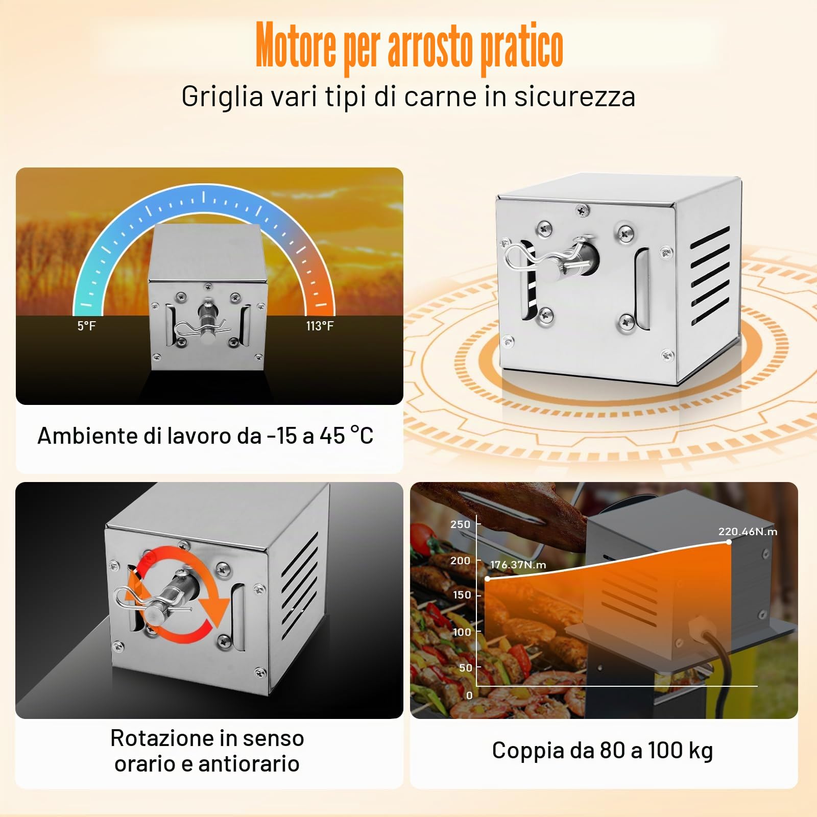 Motore per barbecue, 60 kg, in acciaio inossidabile, per barbecue, griglia, motore elettrico, pollo capra pollo, barbecue, mandrino arrosto, per alimenti alla griglia 2,5 r/min 220 V