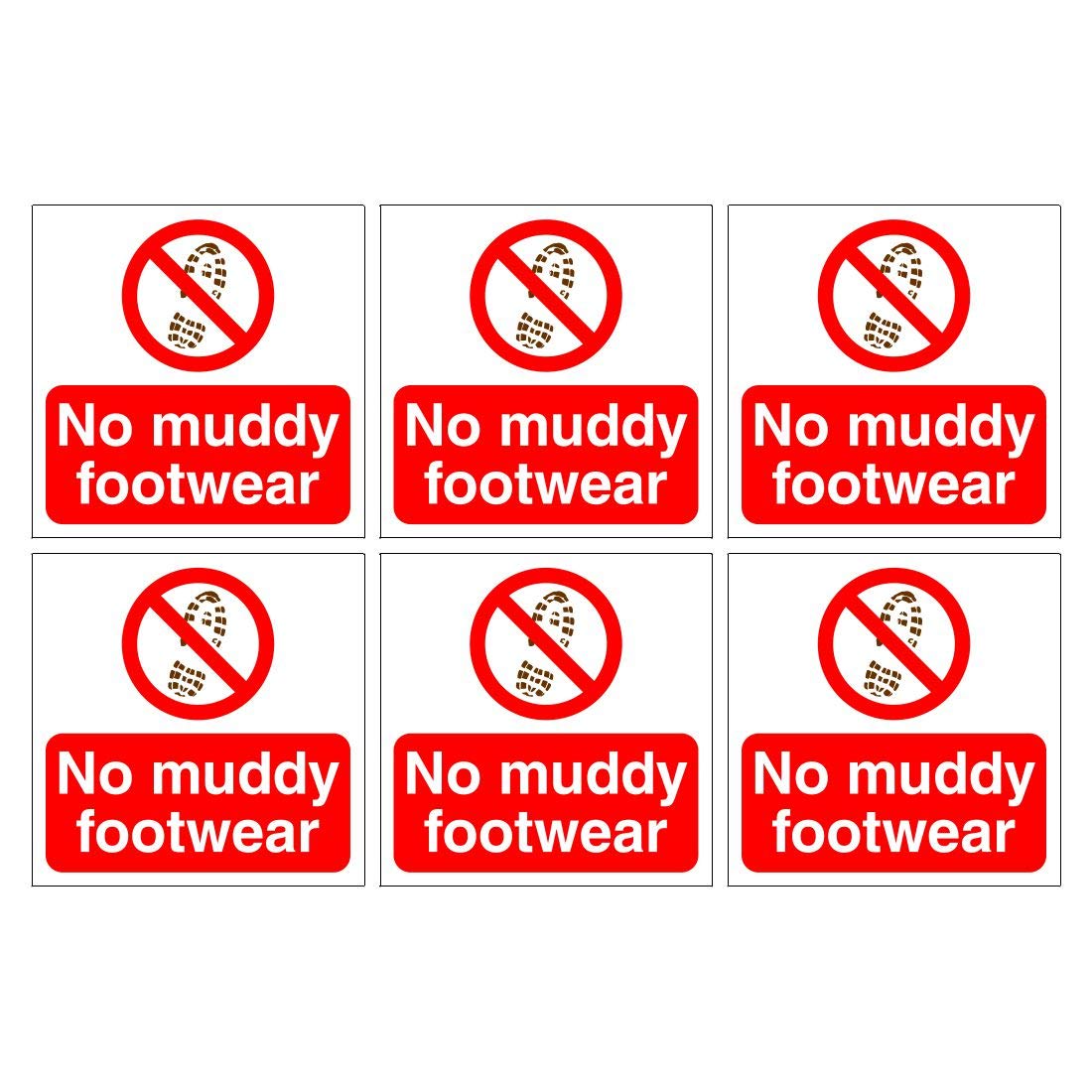Set of 6 No Muddy Footwear Signs. 120mm x 120mm Self Adhesive Stickers. Ideal for Homes and Businesses. Easy to Apply
