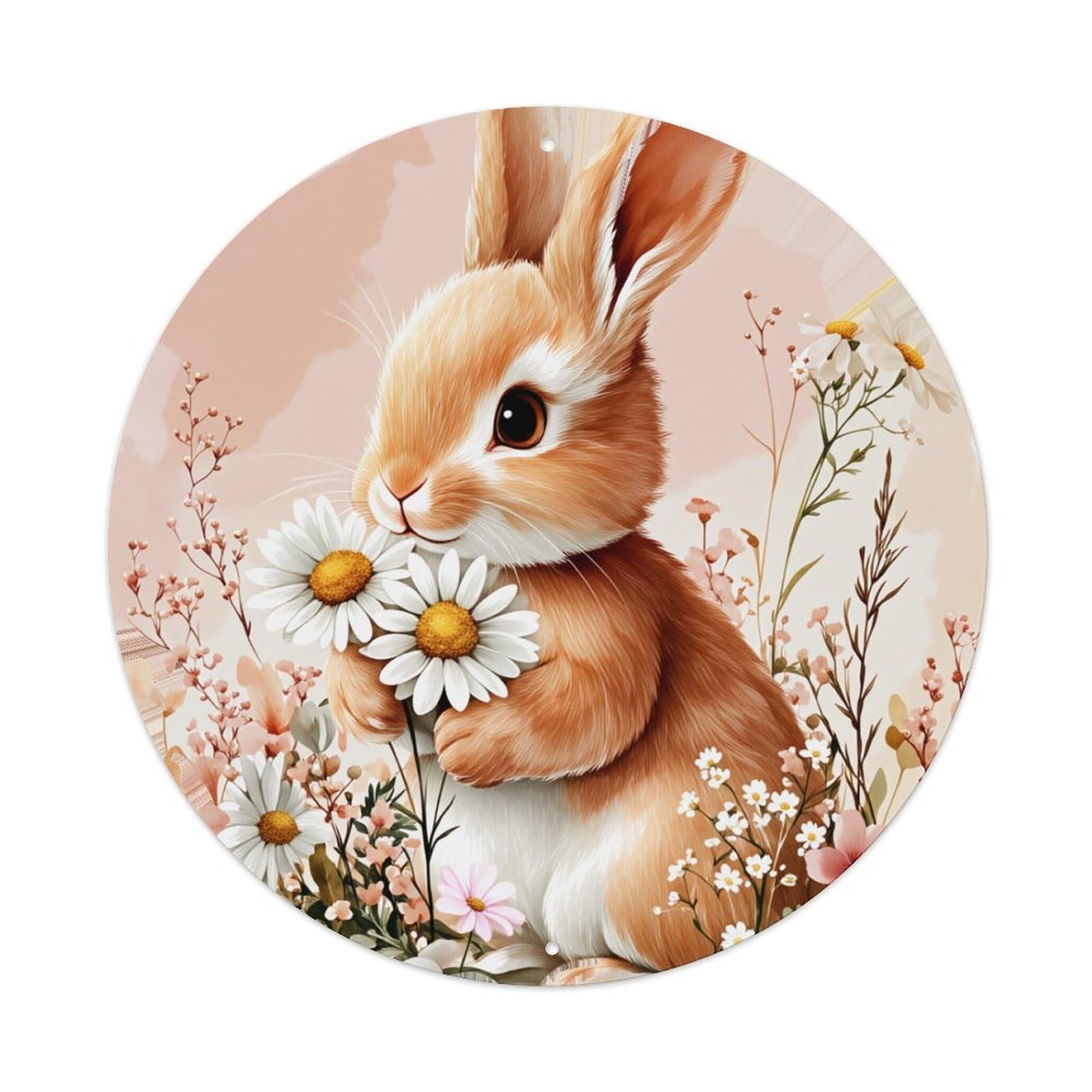Cute Bunny With Flowers Round Tin Sign Retro Metal Sign for Cafe Bar Pub Home Game Room Gym Club Wall Decoration Vintage Metal Poster 8x8 Inch