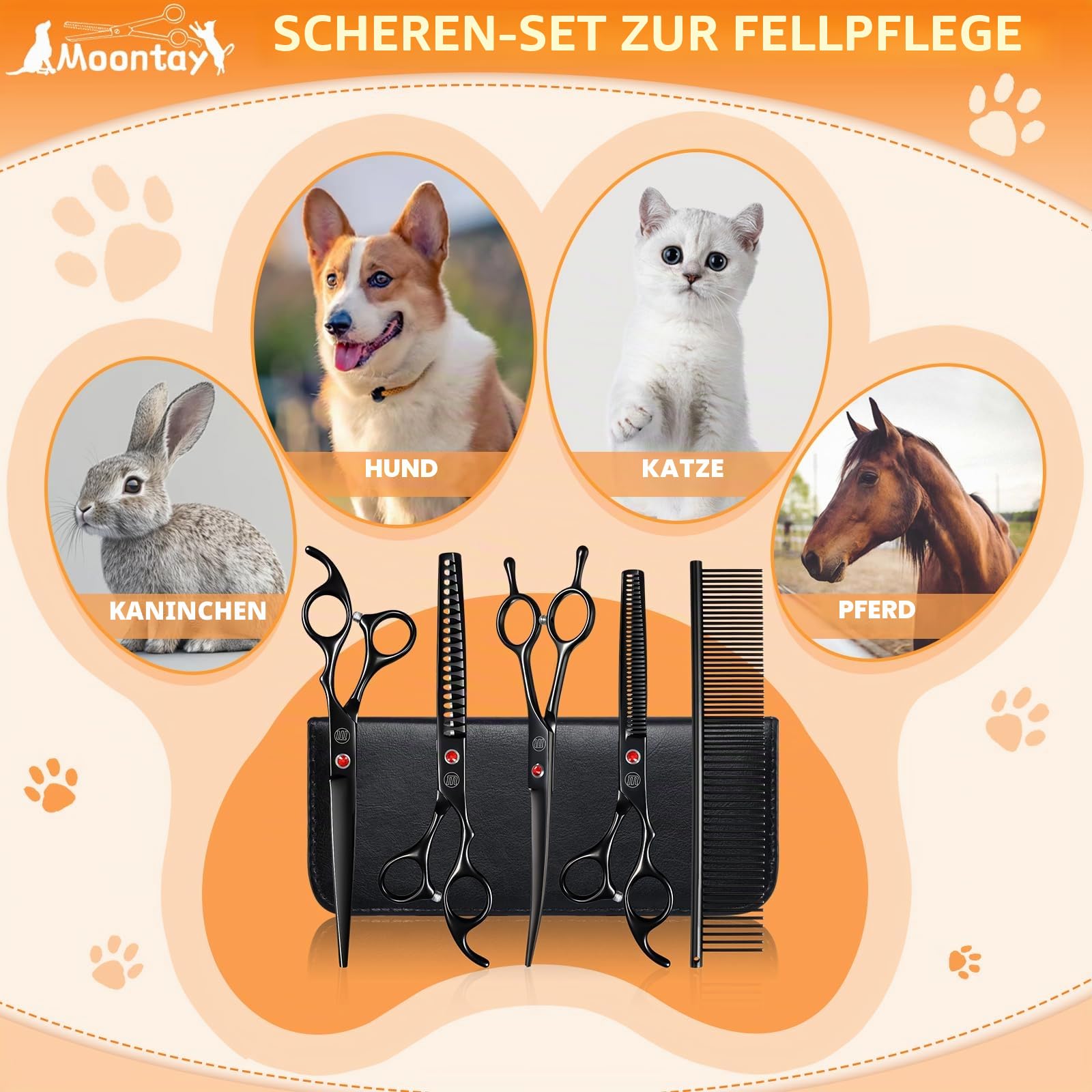 Moontay 7 Zoll Fellschere Hundeschere professionelles Hundepflege-Scherenset Hundeschere Tierpflege-Schere mit Gebogene/Gerade/Chunker/Ausdünnungsschere Schwarz