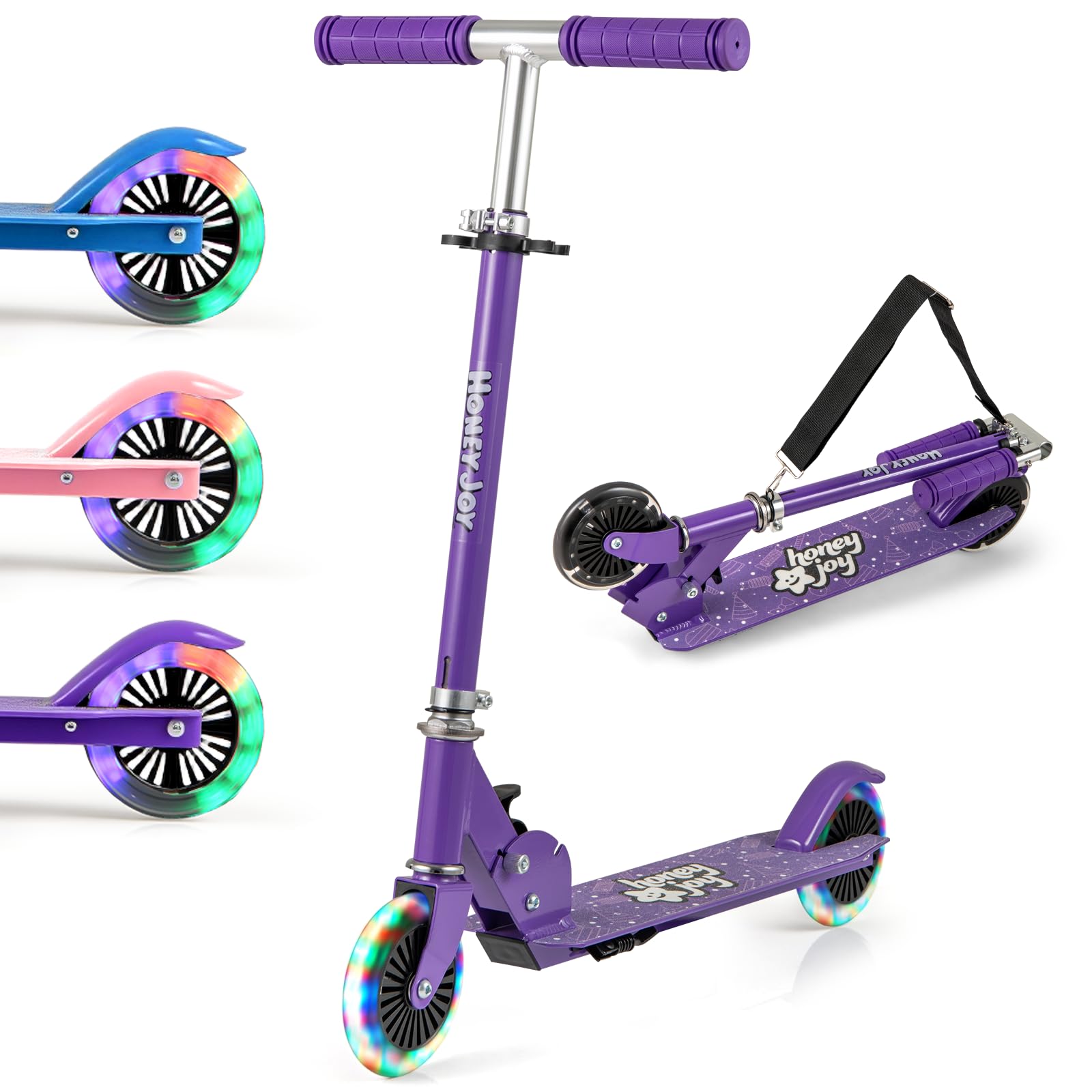 SPOTRAVEL Kick Scooter, Foldable Scooters with LED Flashing Wheels, Kickstand, Adjustable Height Handle, Kids & Teenagers Exercise equipment Gift for Girls and Boys Ages 3+ (Purple)