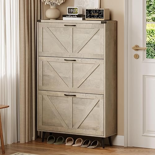 Miniatura 24 de Zapatero con 2 cajones abatibles y almacenamiento abierto, armario de almacenamiento de zapatos de granja para entrada, estante organizador estrecho