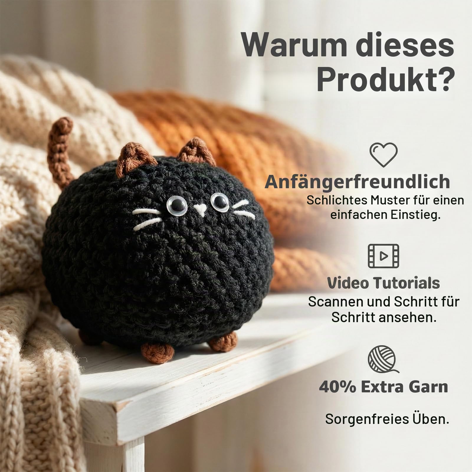 Häkelset Für Anfänger, 4 Stück Crochet Set Amigurumi Katze, Häkelset Stricken Für Anfänger Set Mit Video Anleitung