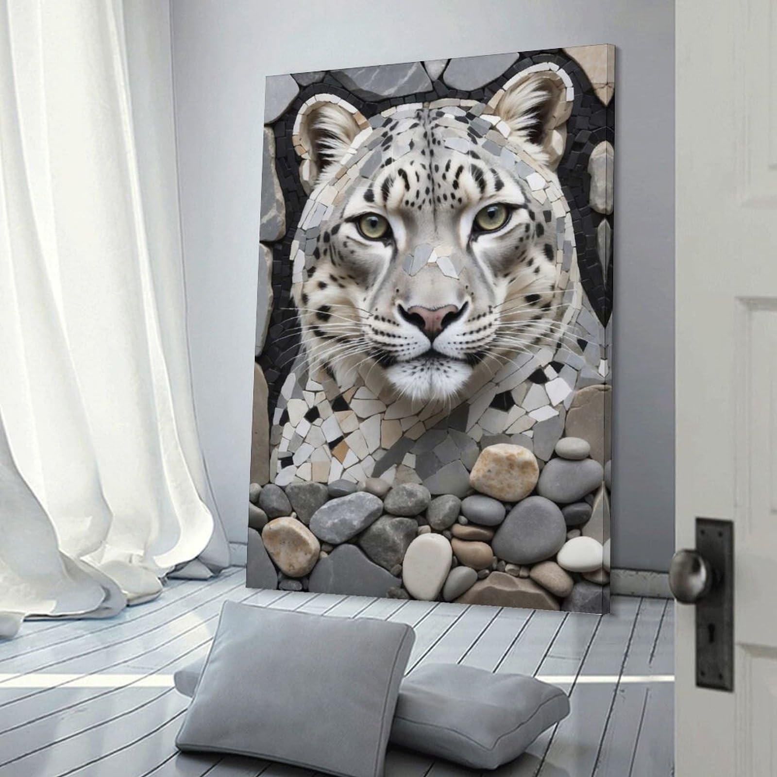 Junmoney Snow Leopard Mosaic Portrait Canvas Wall Picture, 24x36inch(60x90cm), for Wall Displays, Bedrooms Or Room Updates, Wall Decor Suited to Curated Displays