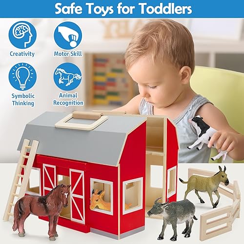 Miniatura 4 de YEEBAY Juguetes de animales de granja para niños de más de 3 años, granero de madera grande con figuras de juego de animales, juguetes educativos de