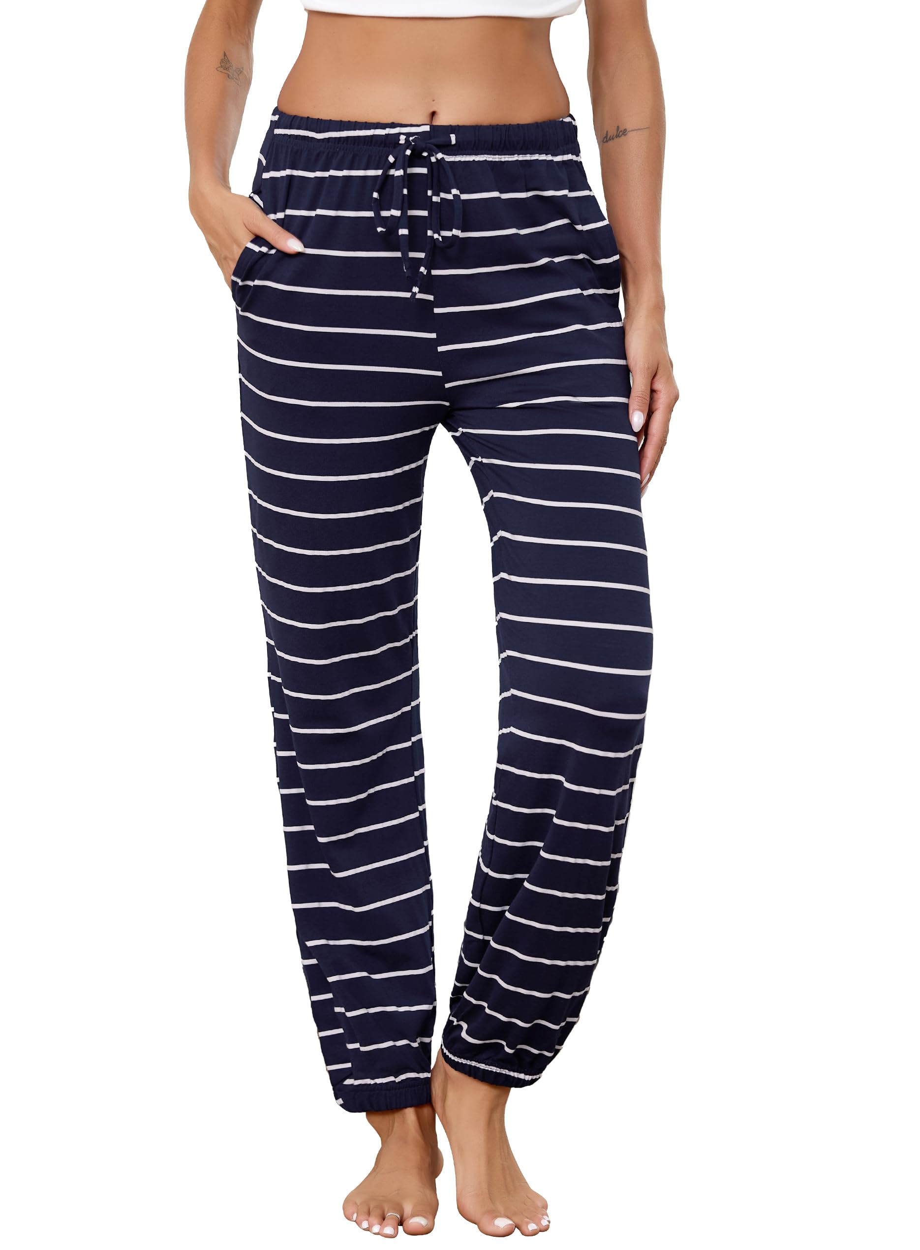Lovasy Pantalon Pijama Mujer Algodon Raya Pantalones Mujer Invierno Ancho Pantalón con Bolsillos y Cordón