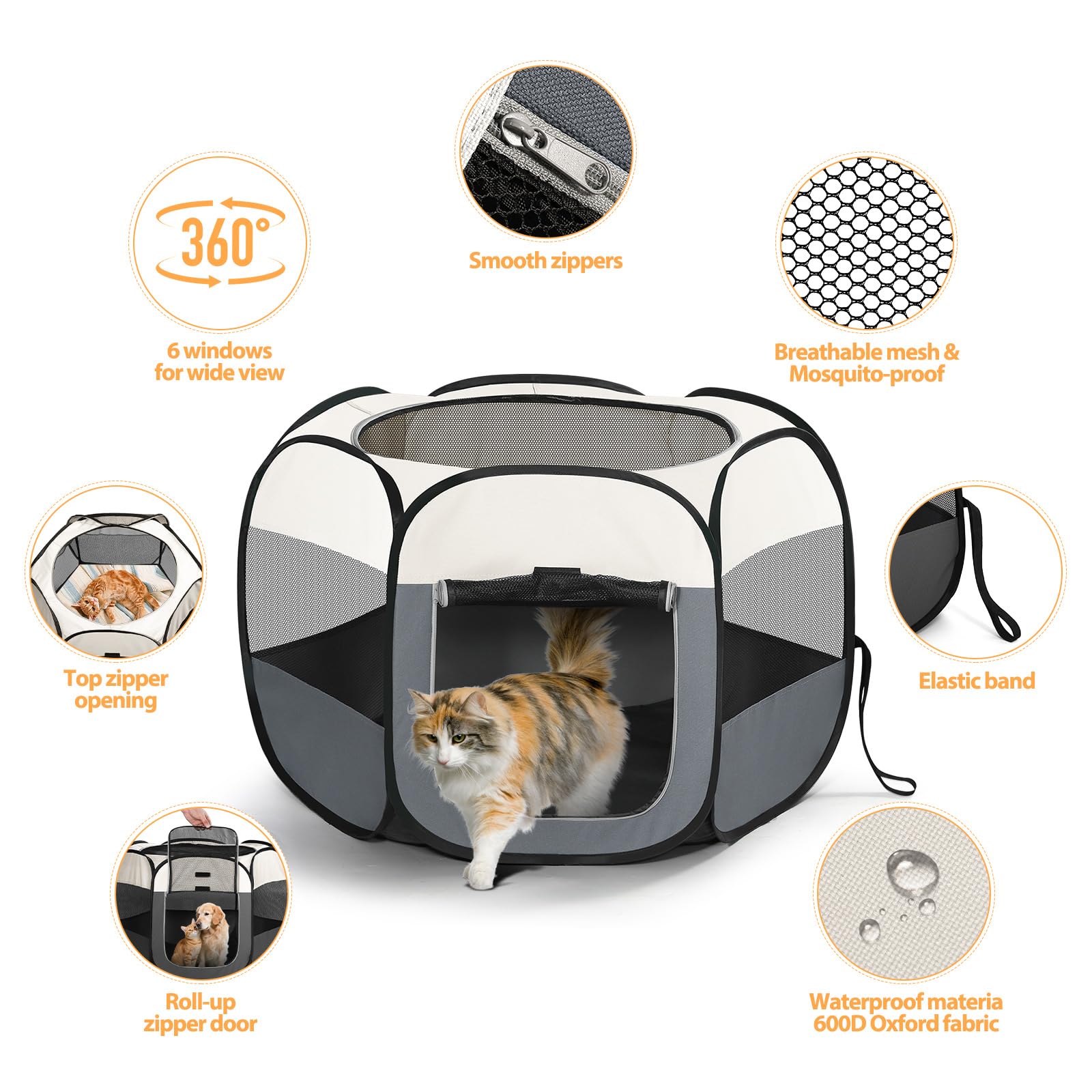 Box per cani e gatti, penna pieghevole per cani, per interni ed esterni, portatile, in tessuto morbido, leggero, per cuccioli, gattini, conigli, criceti (beige, M (85 x 85 x 58 cm), 6)