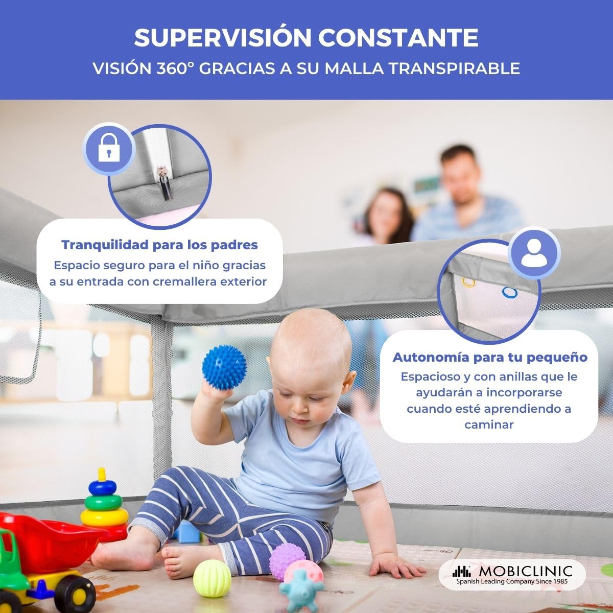 Mobiclinic®kids, Parque infantil bebe + alfombra de juegos reversible, Plegable, 125x125cm, Bolsa transporte, Transpirable, Happyland, Tejido lavable, Agarraderas, Corralito bebé (gris)