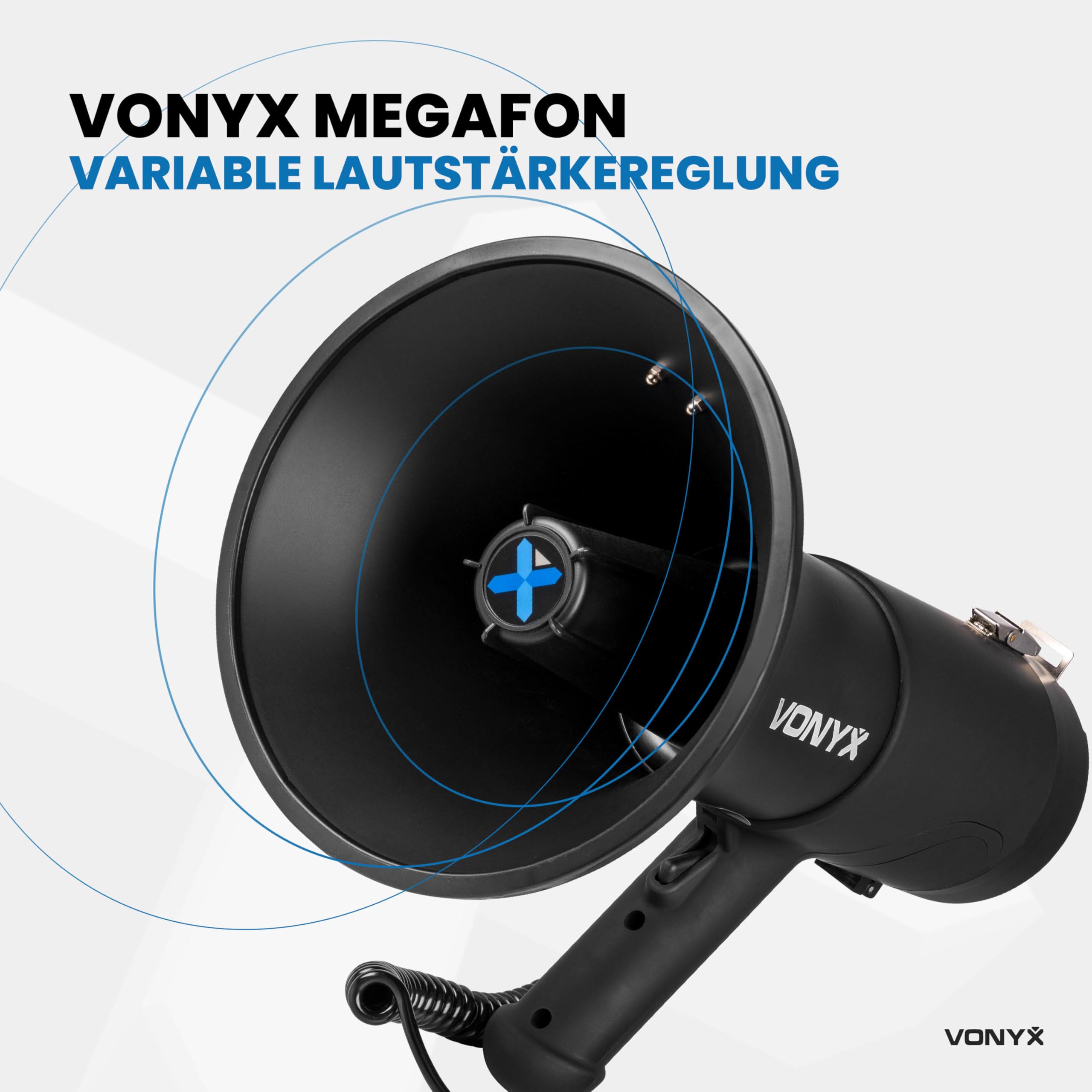Vonyx MEG075 - Akku Megafon mit Sirene und Mikrofon, Bluetooth, Aufnahmefunktion, Leistungsstarkes 75W Megaphon mit Mikrofon, bis 1300 Meter, USB, SD, MP3 & AUX, Megaphon mit Umhänge-Gurt, Schwarz