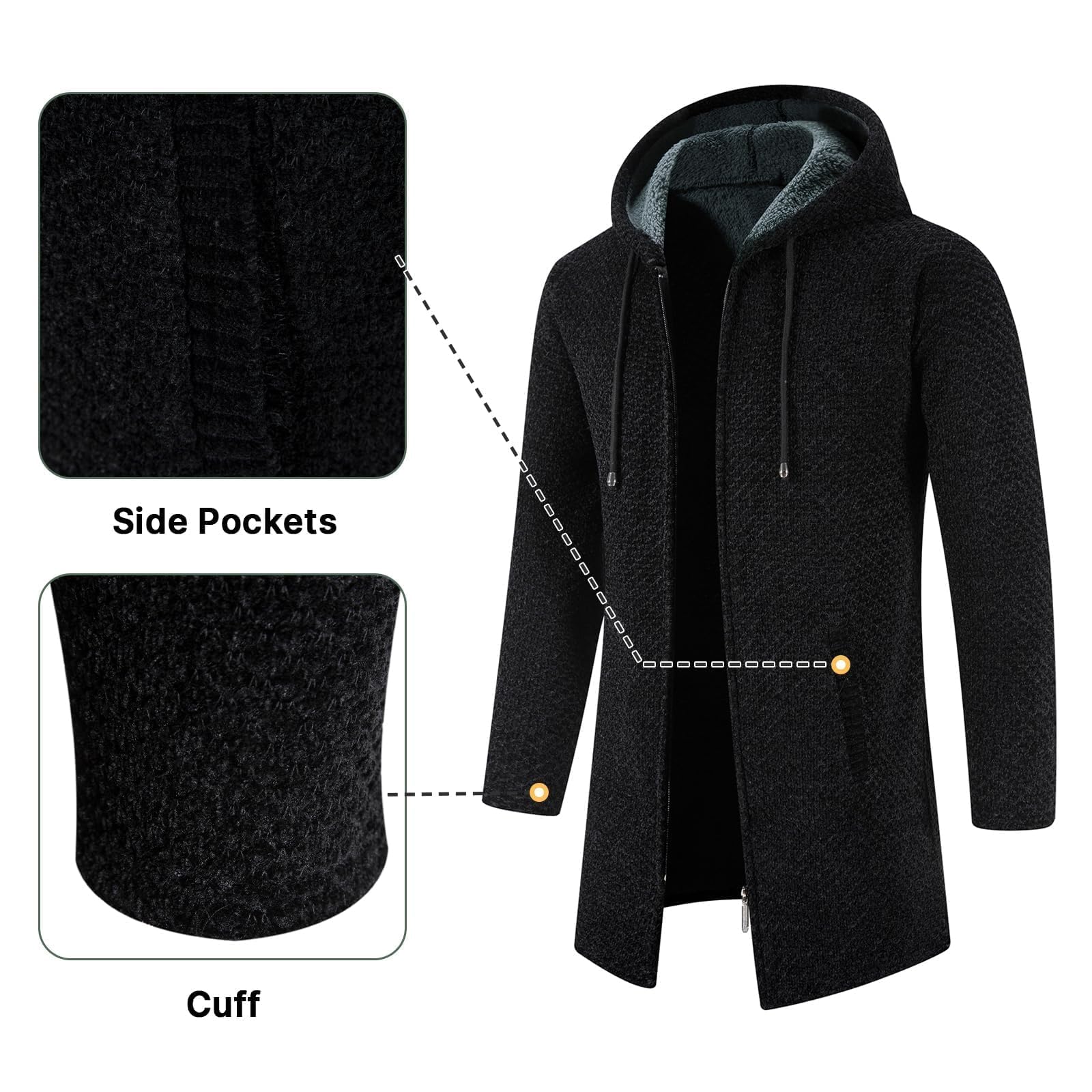 KUDORO Cardigan Gilet Homme Long à Capuche Zippé Cardigan en Tricot Hoodie Épais et Décontractée Polaire Chandail Sweats à Capuche