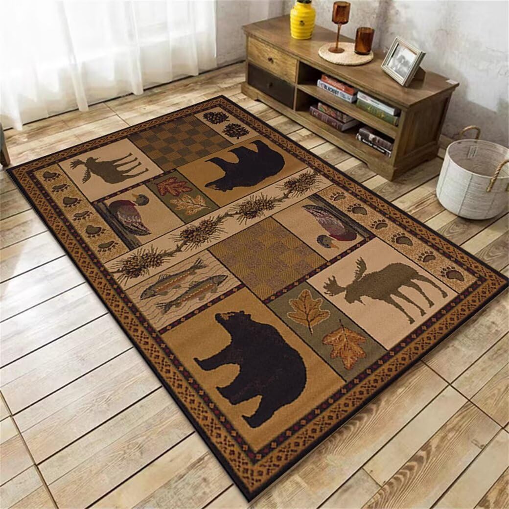 Tapis à poil court marron 160x210 cm imprimé animaux des bois pour chambre d'enfant