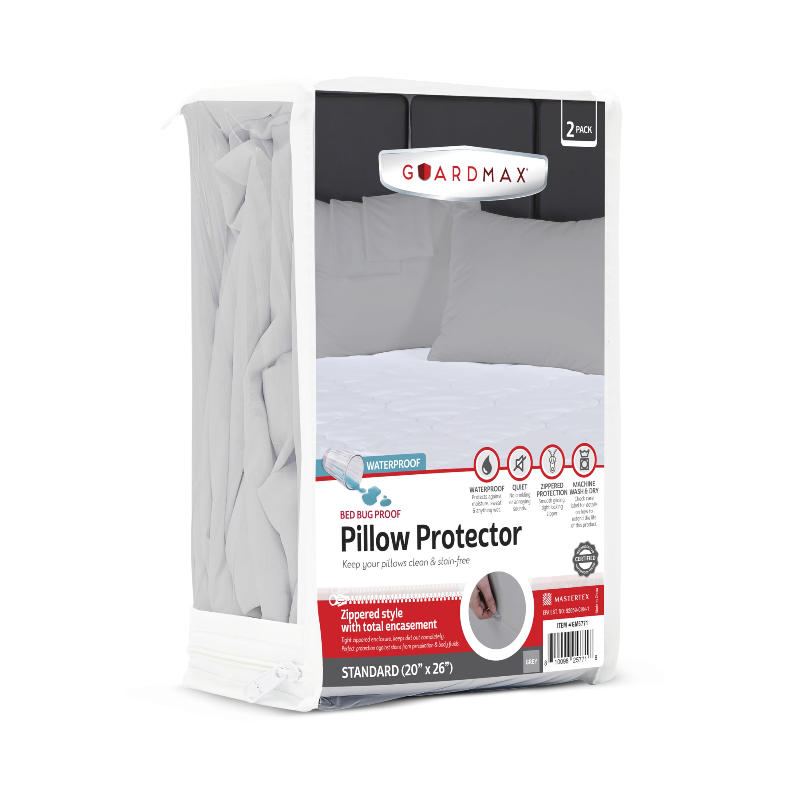 Guardmax Jersey Knitted Pillow Protector with Zipper Standard Size - 2 Pack -100% Waterproof, Bed Bug Proof, Dust Mite Proof, & Hypoallergenic Pillow Covers - Premium Zippered Pillow Cases. (20 X 26)