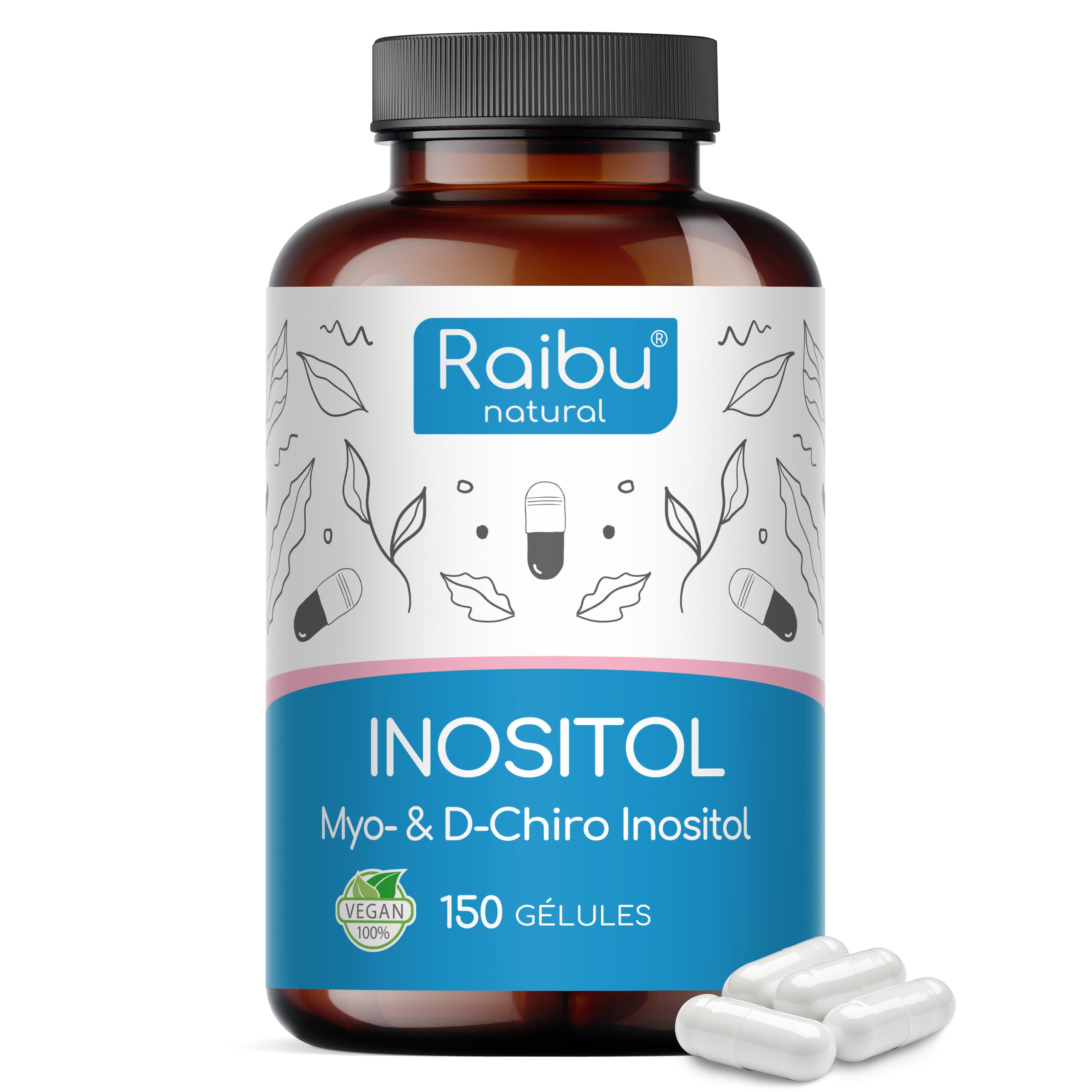 Inositol, Myo Inositol & D-Chiro, 150 Gélules - SOPK & Équilibre Féminin, Avec Vitamine B6, Acide Folique et Chrome - Naturel, Sans Additifs et Végan - Raibu