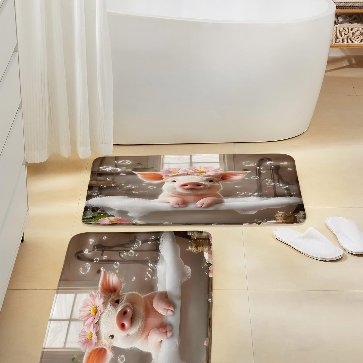 JEJOMEAG 2 Pcs Funny Pig Bath Mat Cute Animal in Bathtub Memory Foam Soft Doormat Kitchen Bathroom Mat/Rugs, 16x24 Inch and 18x30 Inch