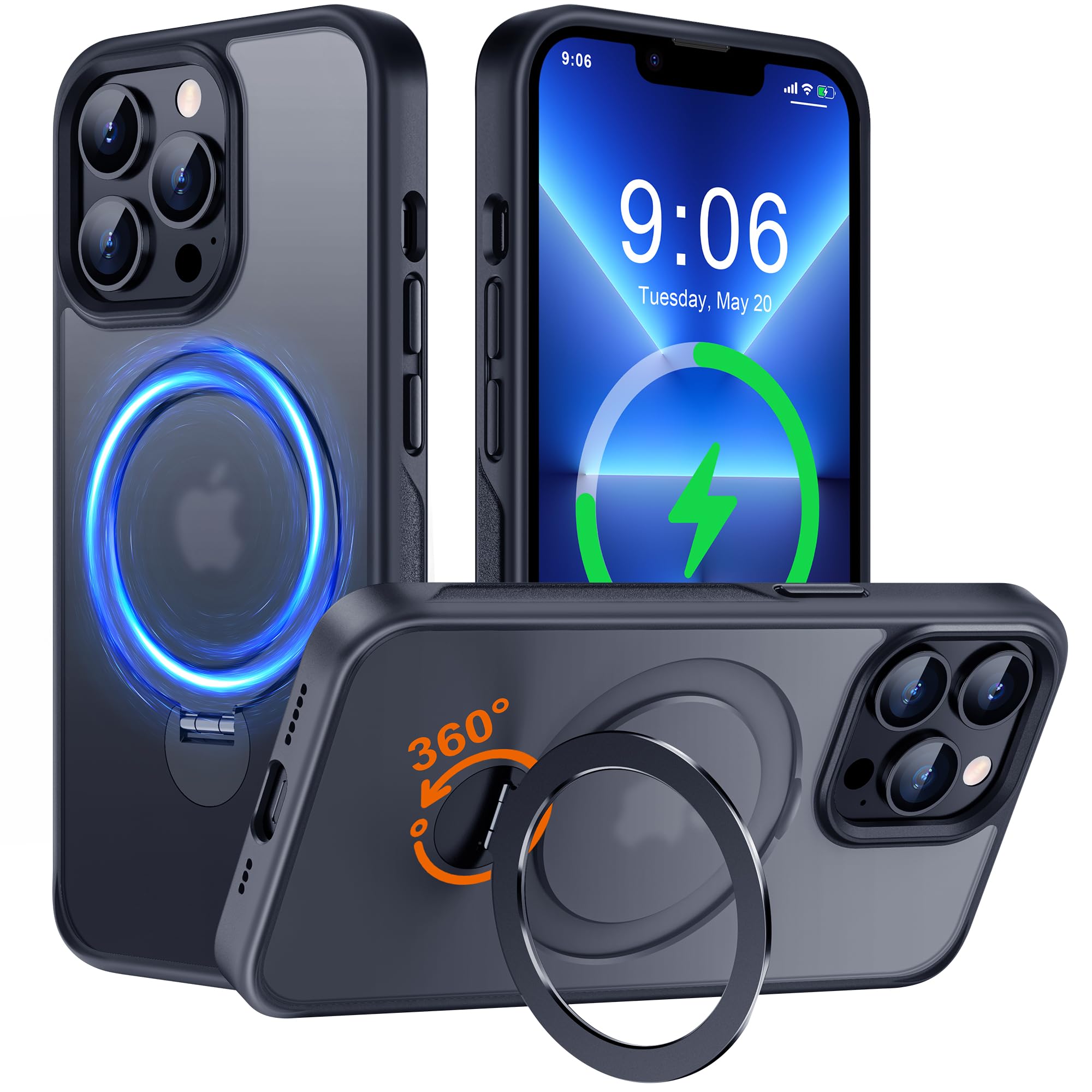 Multi-in-1 [Magnetic+ Kickstand+ Ring Holder] for iPhone 13 Pro Max Case, Compatible with MagSafe, 360° Rotatable Stand with Military Shockproof Silicone Frame Protection Magnetic Cover, Black