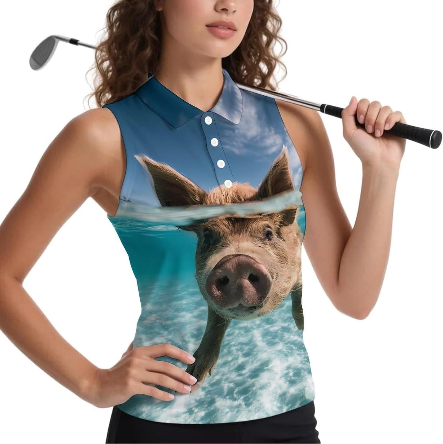 Pig Swimming in Ocean Women Sleeveless Collared Golf Polo Shirt | V Neck Tank Top,Breathable Tennis Shirts