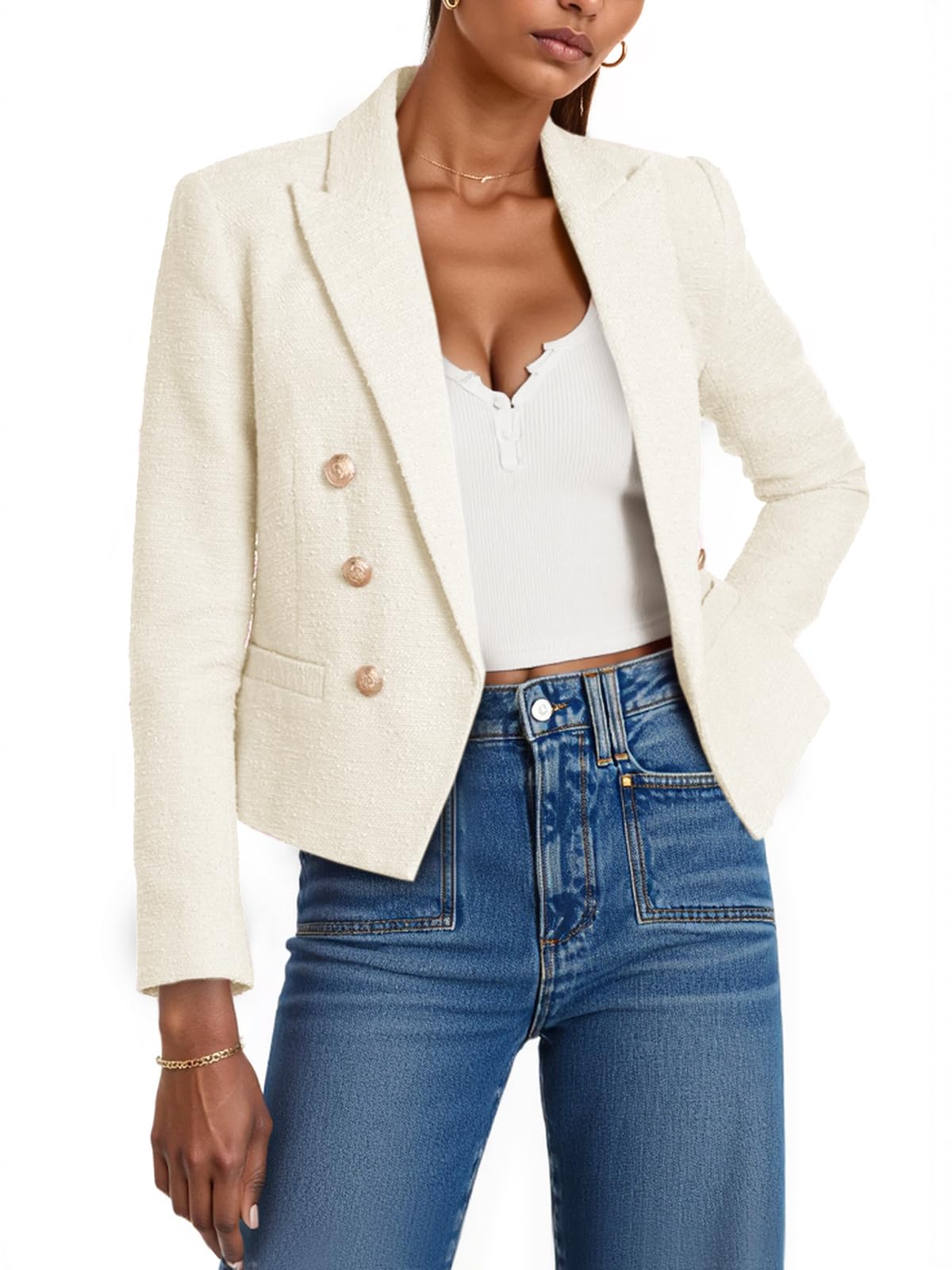 Cicy Bell Women Cropped Tweed Blazer Jackets Lapel Open Front Long Sleeve Business Suit Jackets with Pocket