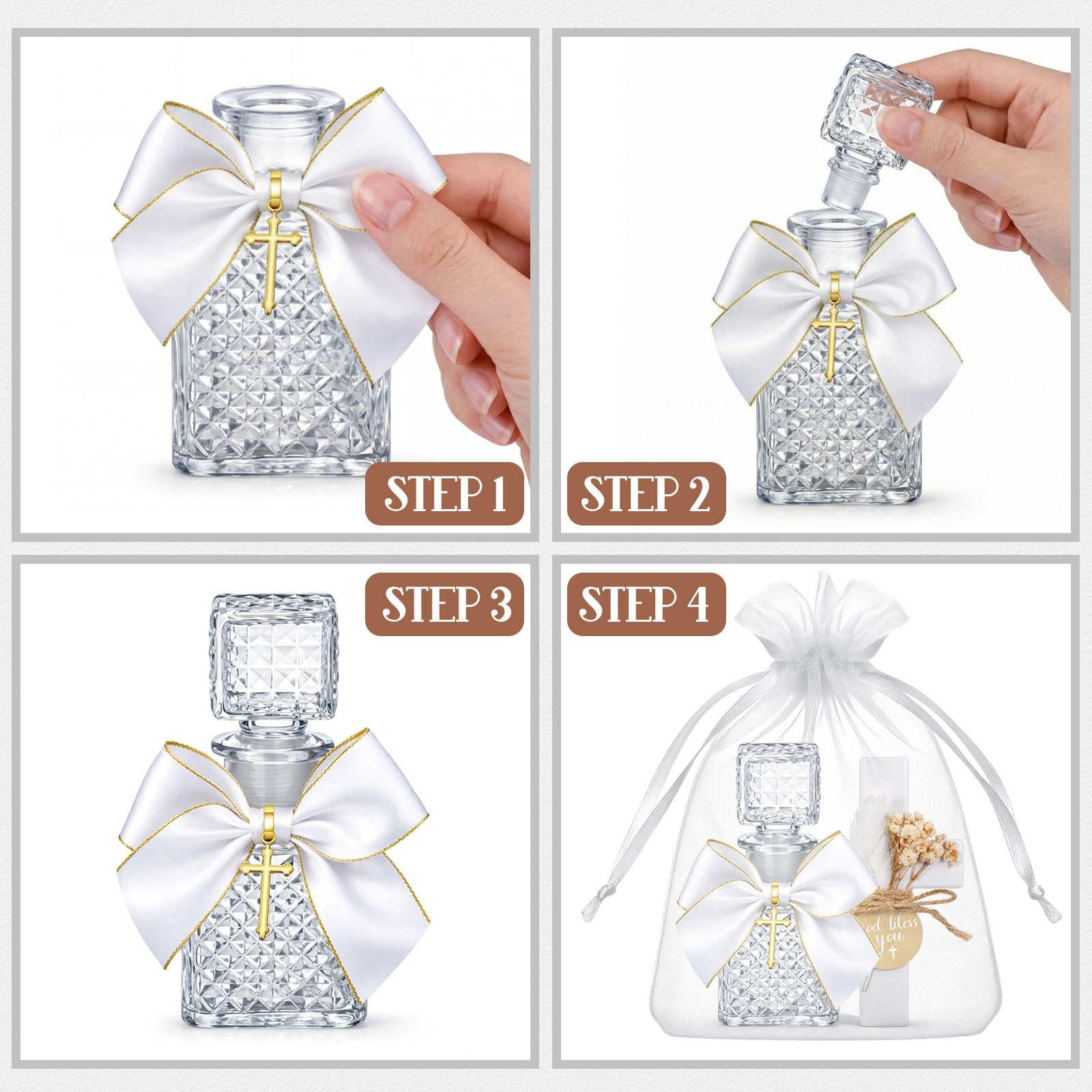 Chuangdi 40 Stück Taufgeschenke für Gäste, 10 Stück klare christliche Glasflasche, 10 Holzkreuzmagnete mit Blume, 10 Schleifen mit Goldkreuz, 10 Organzabeutel für die Erstkommunion, Kirche