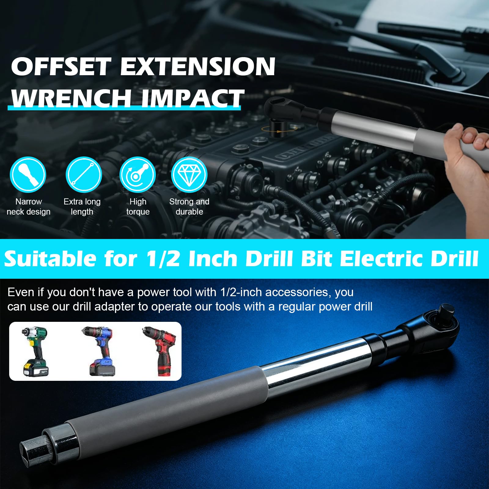 Chiave di prolunga offset da 1/2", con 5 adattatori a bussola e 2 aste di prolunga, set di attrezzi per chiavi a bussola, per auto, officina, aree ristrette
