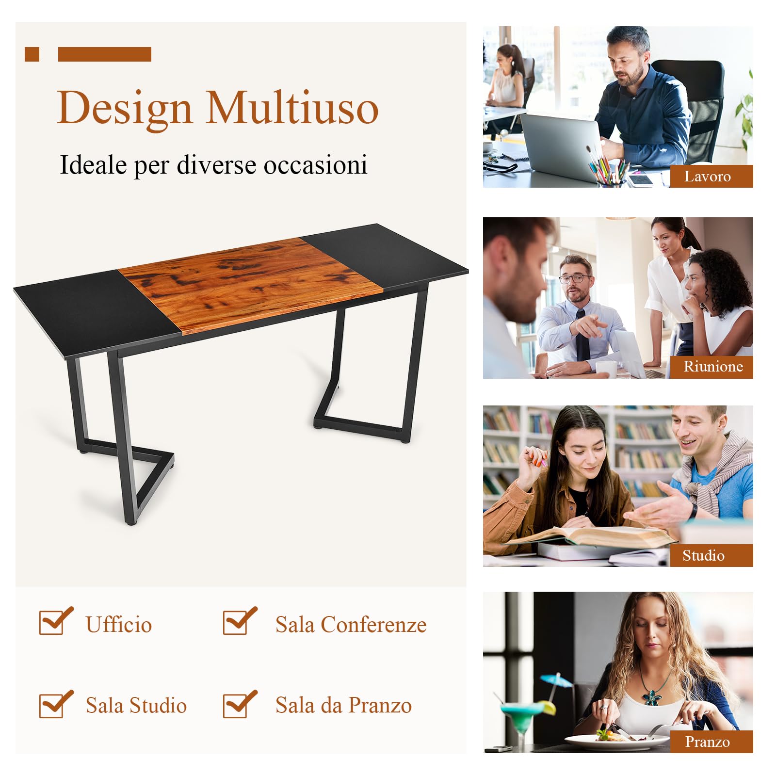 GYMAX Tavolo da Conferenza di 160 cm, Tavolo da Ufficio Industriale con Gancio, Struttura Metallica, Scrivania per Computer per Casa, Ufficio, Sala Conferenze, 160 x 60 x 74 cm