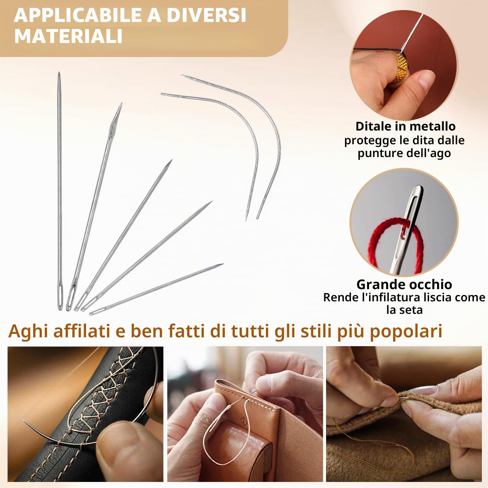 Kit Riparazione Pelle con Filo Cerato, Aghi Curvi & Punteruoli - 4 Rulli, 34 Aghi, per Sedili Auto, Divani e Vele (4 filo cerato)