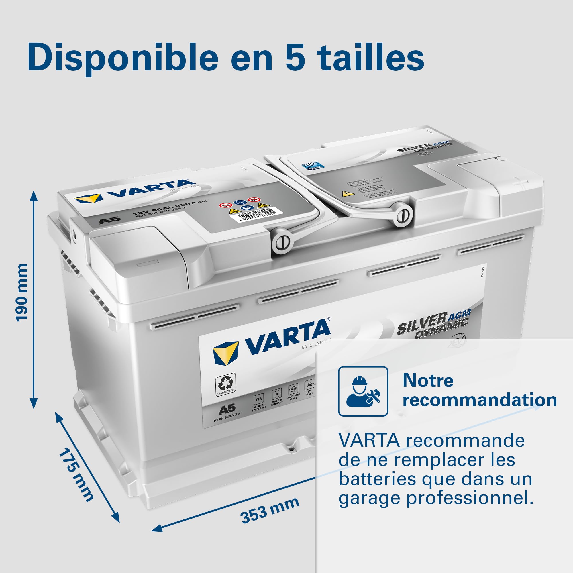 Batterie de démarrage XEV Varta Silver Dynamic AGM L5 A5 12V 95Ah / 850A 595901085