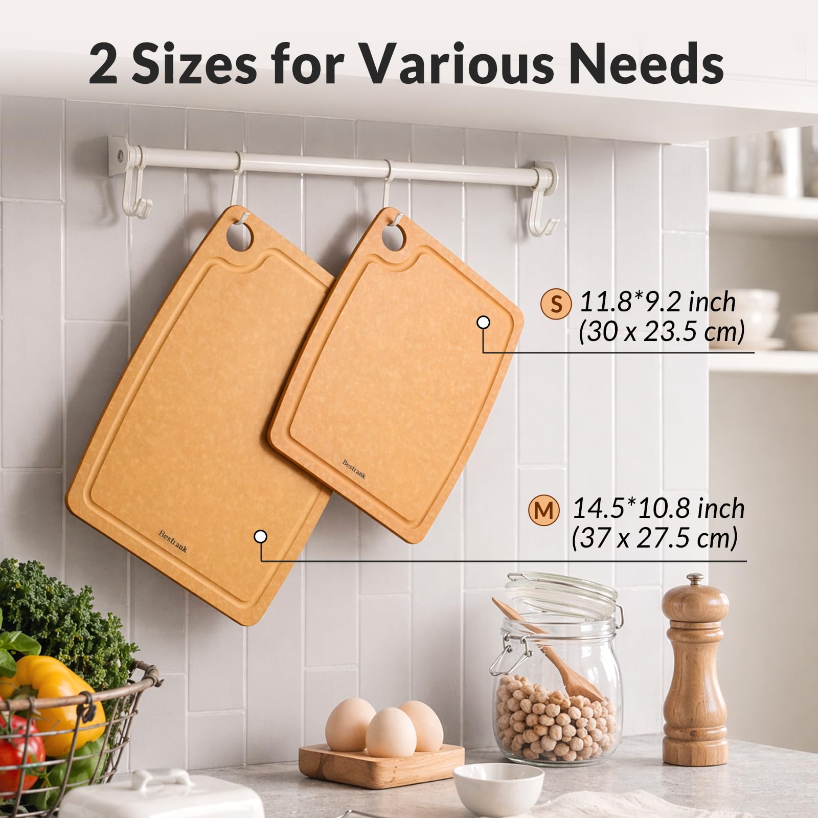 BESTCOOK Juego de 2 tablas de cortar de fibra de madera, tablas de cortar compuestas con ranura para jugo, aptas para lavavajillas, no tóxicas, sin BPA, no porosas, patas antideslizantes para cortar