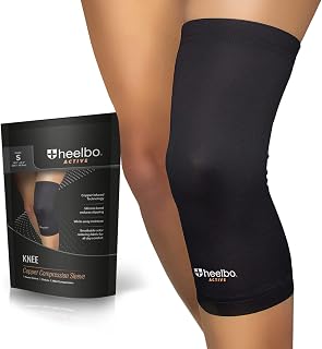 Heelbo Knee Compression Sleeve with Copper Infused Fibers and Breathable Fabric for Knee Pain Relief, Knee Support, Sore Muscles and Joints for Running, Jogging, Hiking or Arthritis, Black, Small