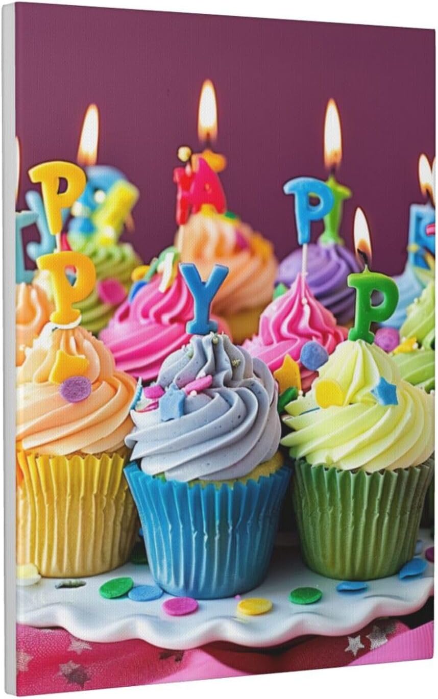 YKLJG Colorful Happy Birthday Cupcakes Printed Canvas Wall Art 30x40 CM Decorative Artworks Pictures Print Painting Framed Artwork for Bedroom, Living Room & Office