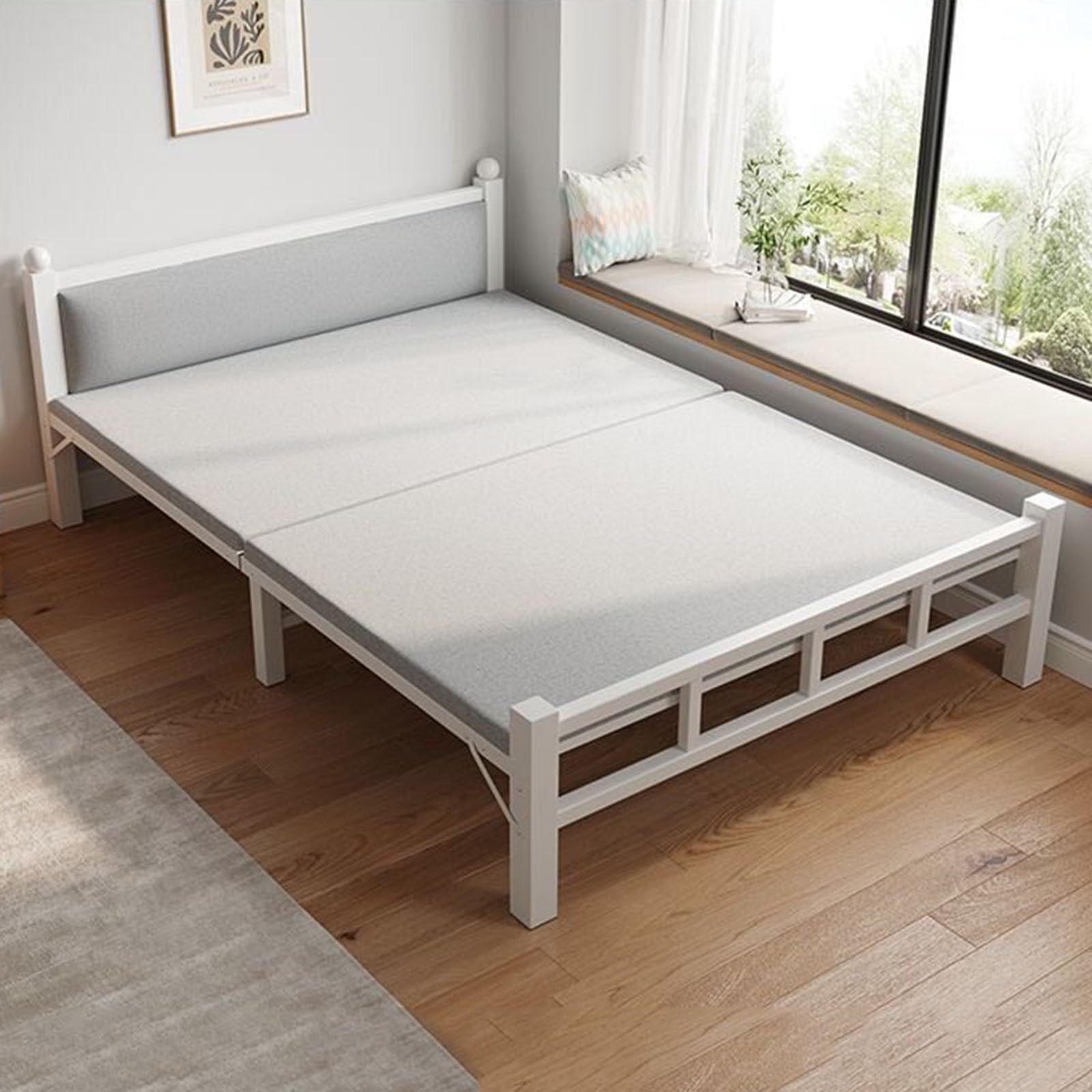 Folding Metal Guest Bed Frame with Upholstered Headboard, No Assembly Platform Bed, for Guest Room, Apartment, Multiple Size Options(90x190cm)