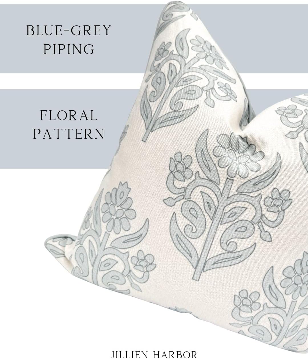 “The Naples” Floral Block Print Pillow Cover – Grey and White Blue Decorative Throw Pillow Cover – Grandmillennial Home Decor, 20" x 20" - Image 2