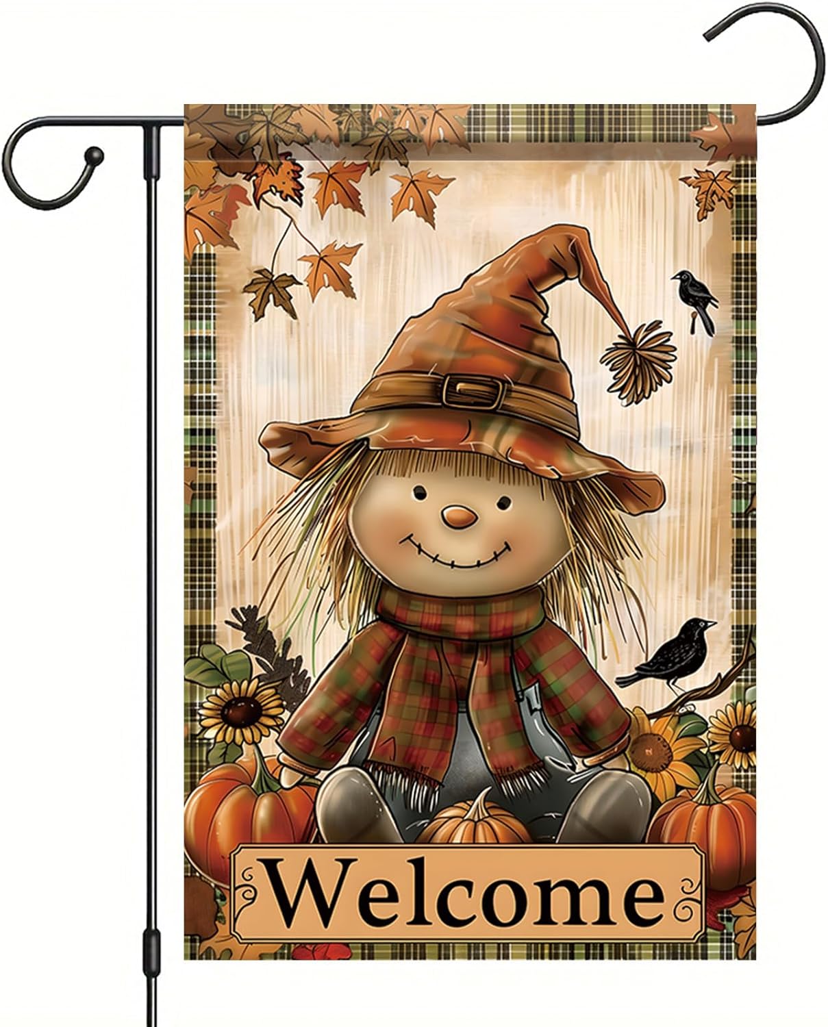 12x18 Inch Autumn Scarecrow Garden Flag Fall Maple Leaves Welcome Yard Banner Rustic Harvest Outdoor Decor Double Sided Pumpkins Sunflowers for Thanksgiving Porch Patio Lawn Decorations