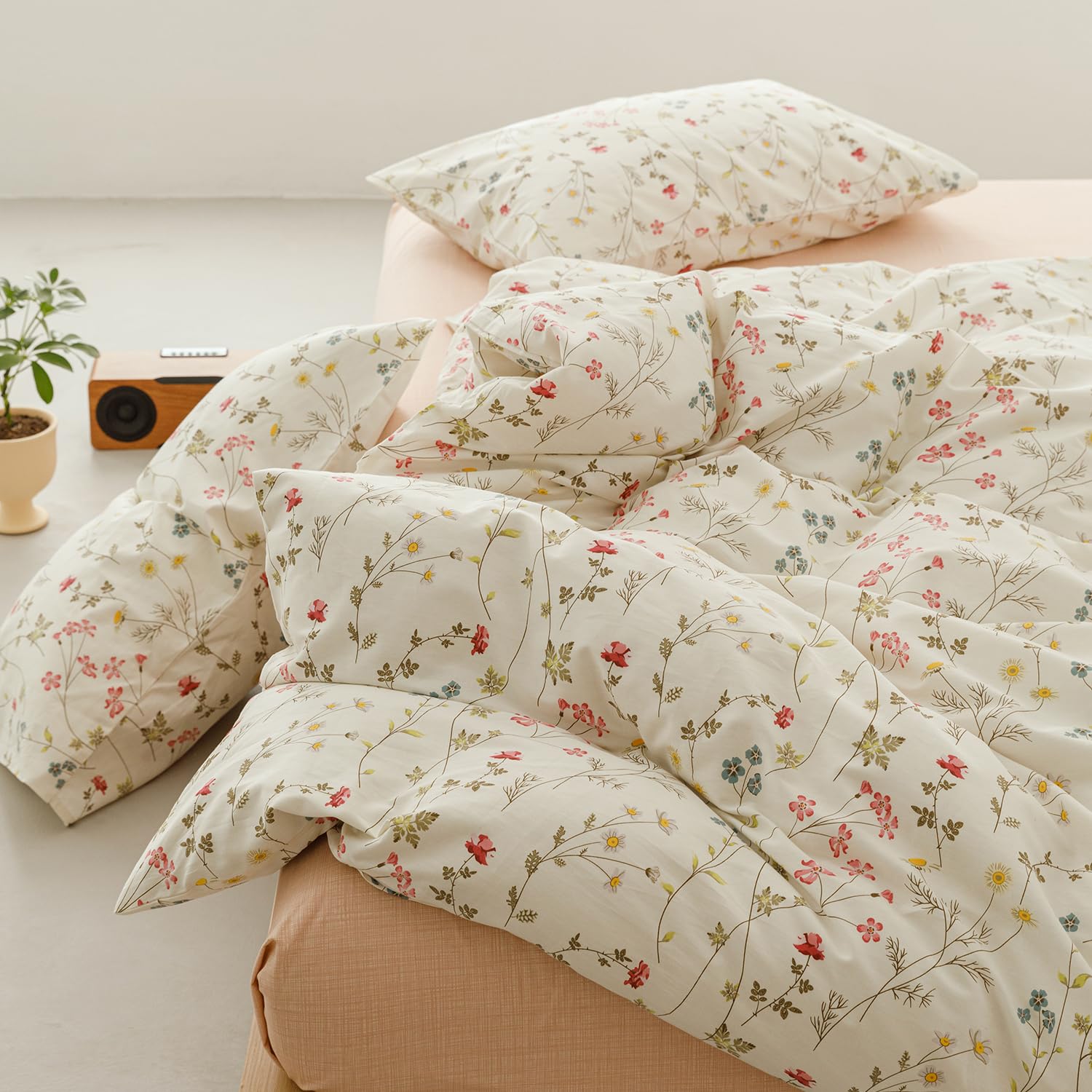 Luowei Mädchen Blumen Bettwäsche 135x200 cm Baumwolle Beige Weich Aesthetic Bettbezug Sommer Bunt Blumen Muster 100% Baumwolle Bettwäsche Sets mit Reißverschluss und 1 Kissenbezug 80x80cm