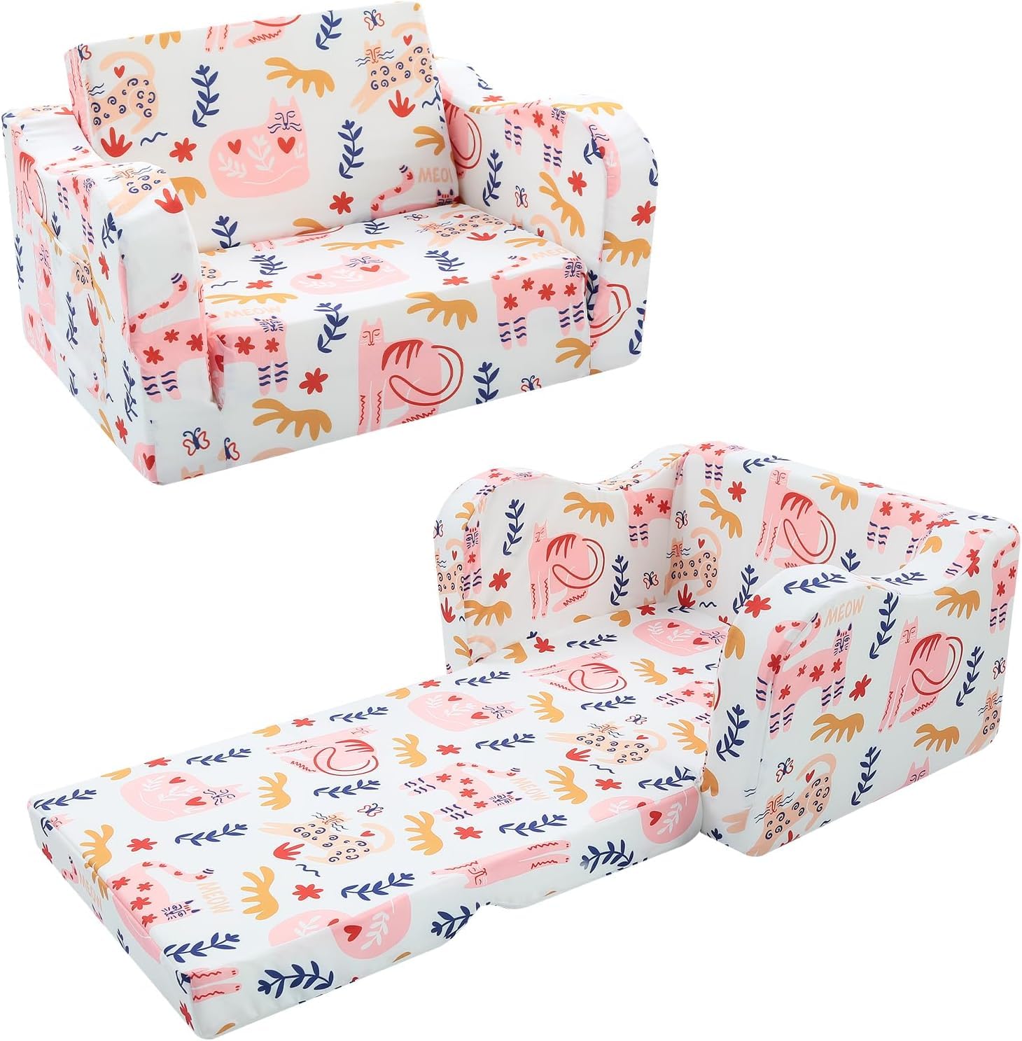 MeMoreCool Sofa dziecięca rozkładana, 3 w 1, sofa dziecięca z funkcją spania, fantazyjna sofa do zabawy, ekscytujący plac zabaw do pokoju dziecięcego (kot)