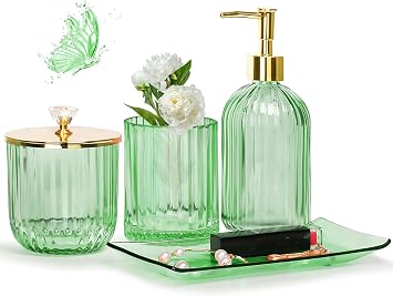 Jenseits Green Bathroom Accessories Set, 4 Pcs Glass Bathroom Accessory Sets, Soap Dispenser, Toothbrush Holder, Qtip Holder, Vanity Tray, Countertop Dorm Home Decor Apartment Essentials Gift for Her