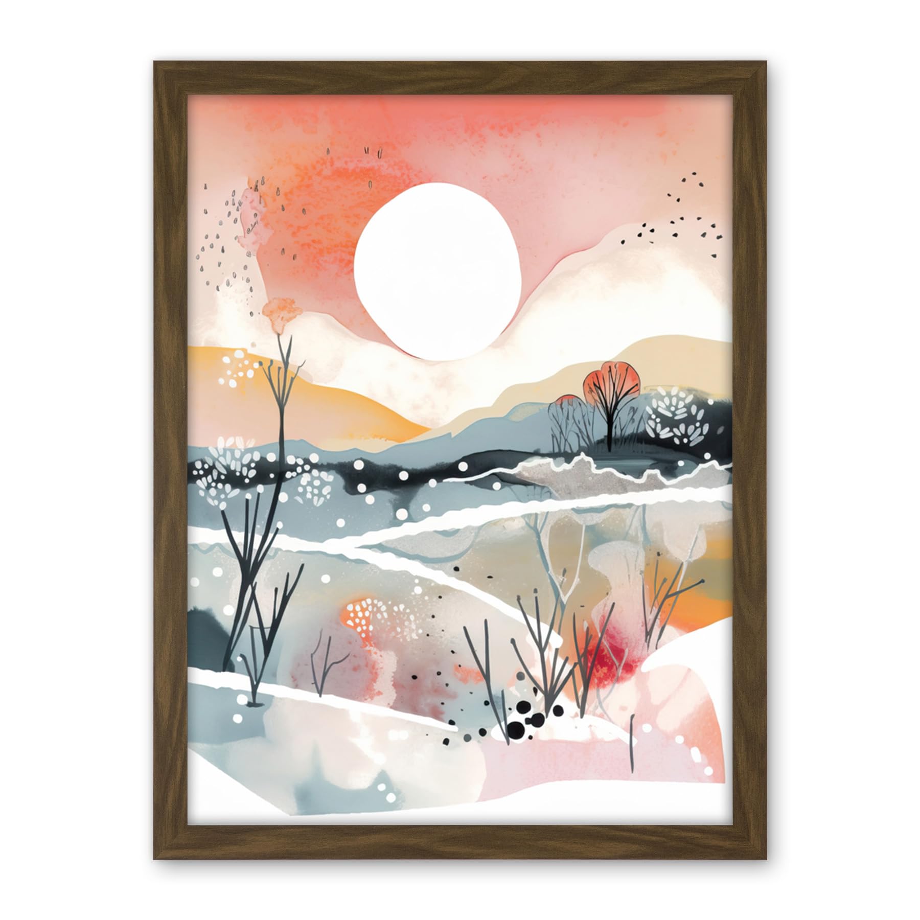 Artery8 Sunset in Winter Landscape Boho Modern Folk Art Artwork Framed Wall Art Print 18X24 Inch