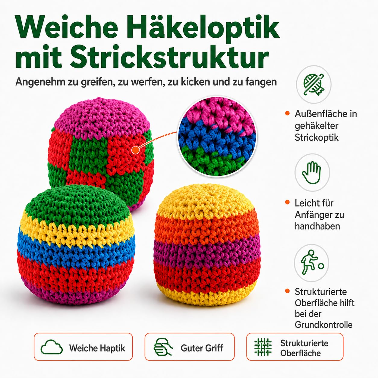 Generisch 6/12/24 Stück gestricktes Footbag-Set, Footbags in Häkeloptik, Bunte Jonglierbälle und Kickbeutel, weiches Wurfbeutel-Set für Outdoor-Aktivitäten und Partys