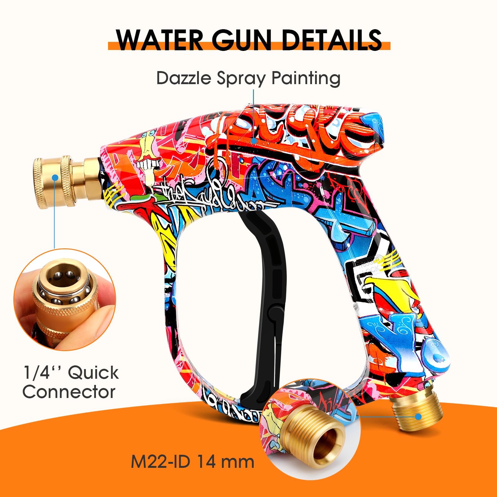 Pistola per idropulitrice corta ad alta pressione con 5 ugelli e 2 connettori per tubi, 4000 PSI pistola per lavaggio auto, pistola ad acqua M22-14 mm ingresso acqua a 1/4" collegare, per pistola