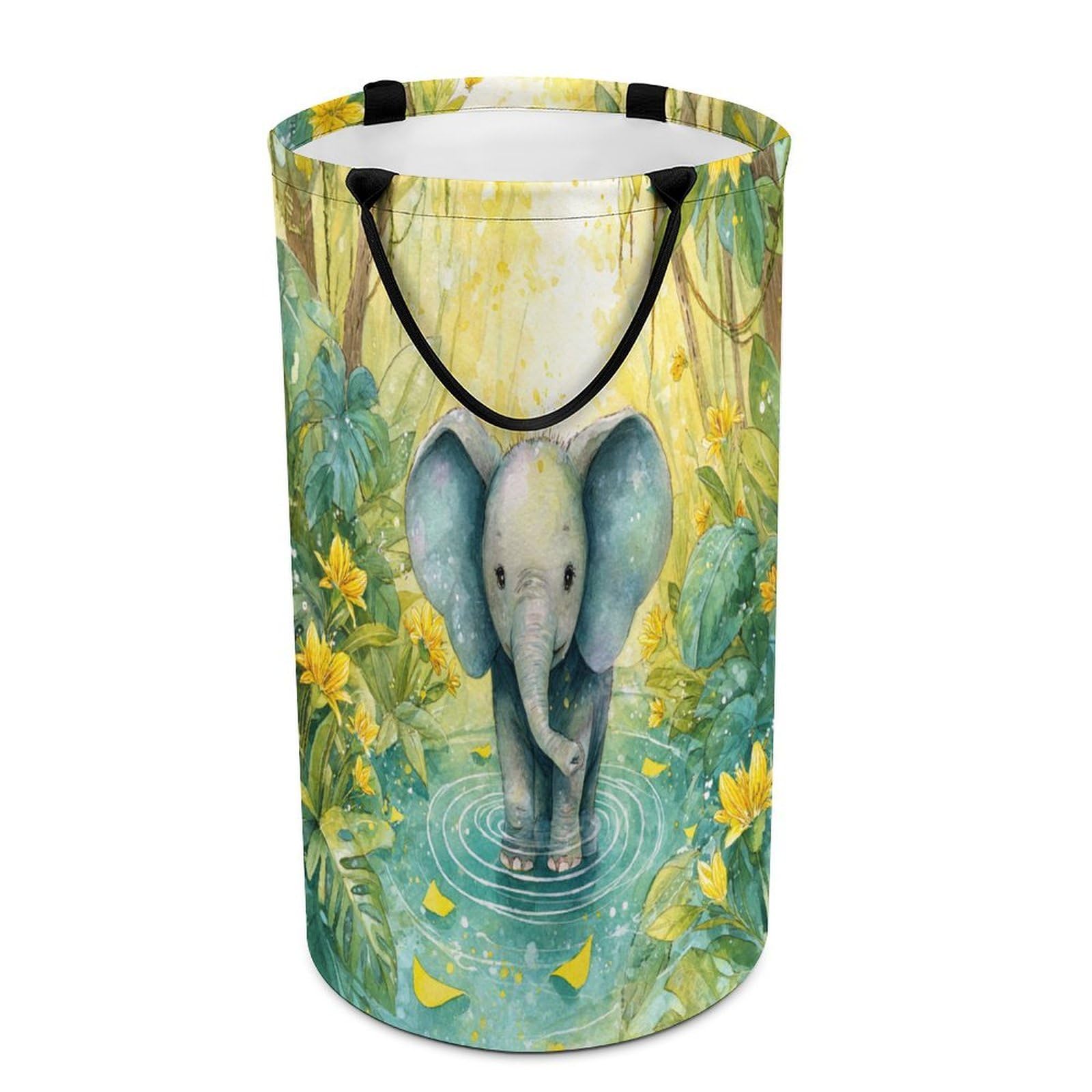 LUYYSKY Cute Beautiful Baby Elephant - Versatile Storage Laundry Basket, Colorful Oil Painting Tropical Jungle Animal Elephant Floral Large Capacity Bathroom Hamper With Handle