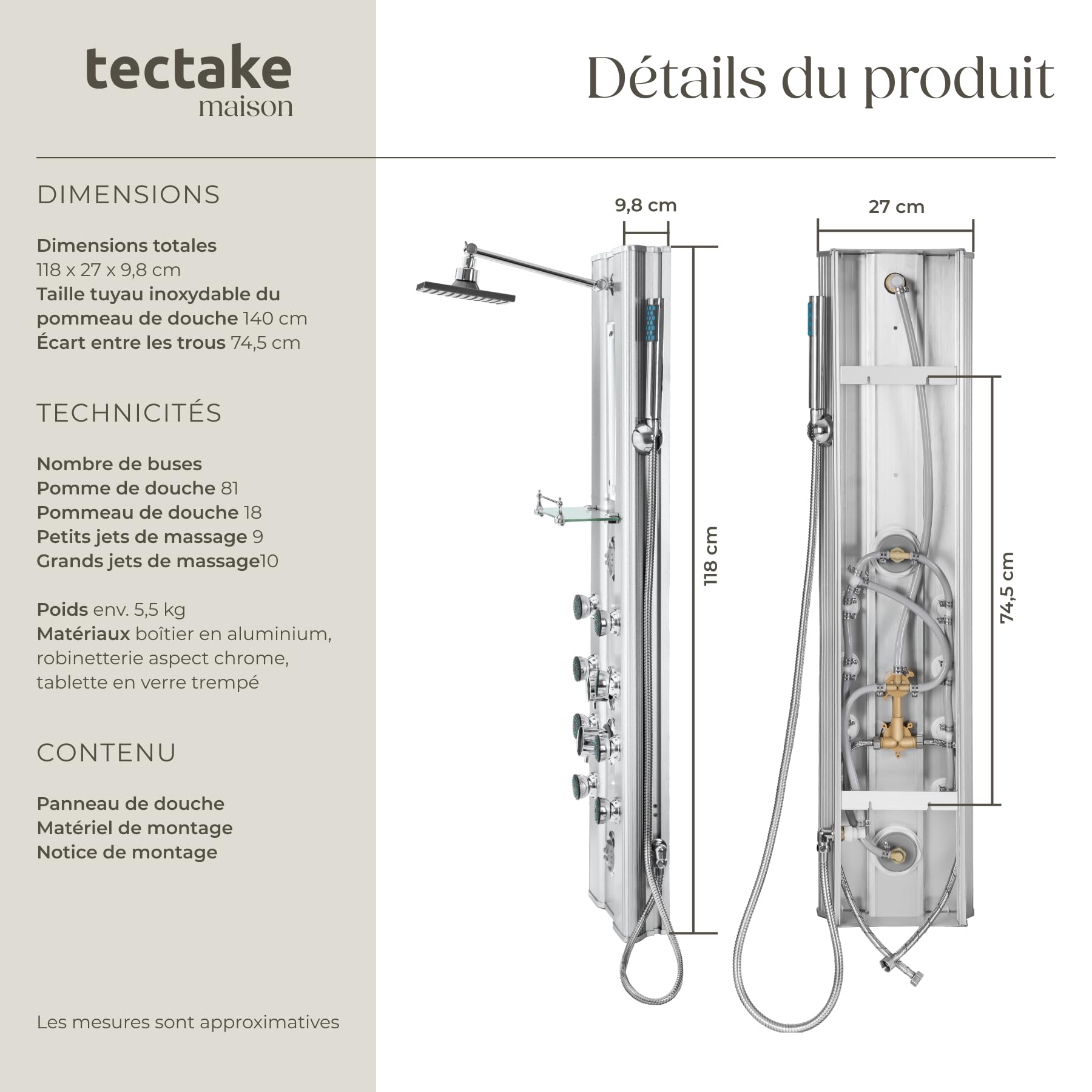 tectake® Colonne de douche 118 x 27 x 9,8 cm en Aluminium, Colonne de douche hydromassante 10 jets massage, Pommeau de douche effet pluie, Douchette, Anti calcaire, Mitigeur, Miroir, Salle de bain
