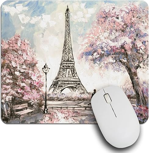 IBILIU Alfombrilla de mouse para pintura al óleo de la Torre Eiffel, acuarela, flores rosadas, árboles, rectangular, base de goma antideslizante,