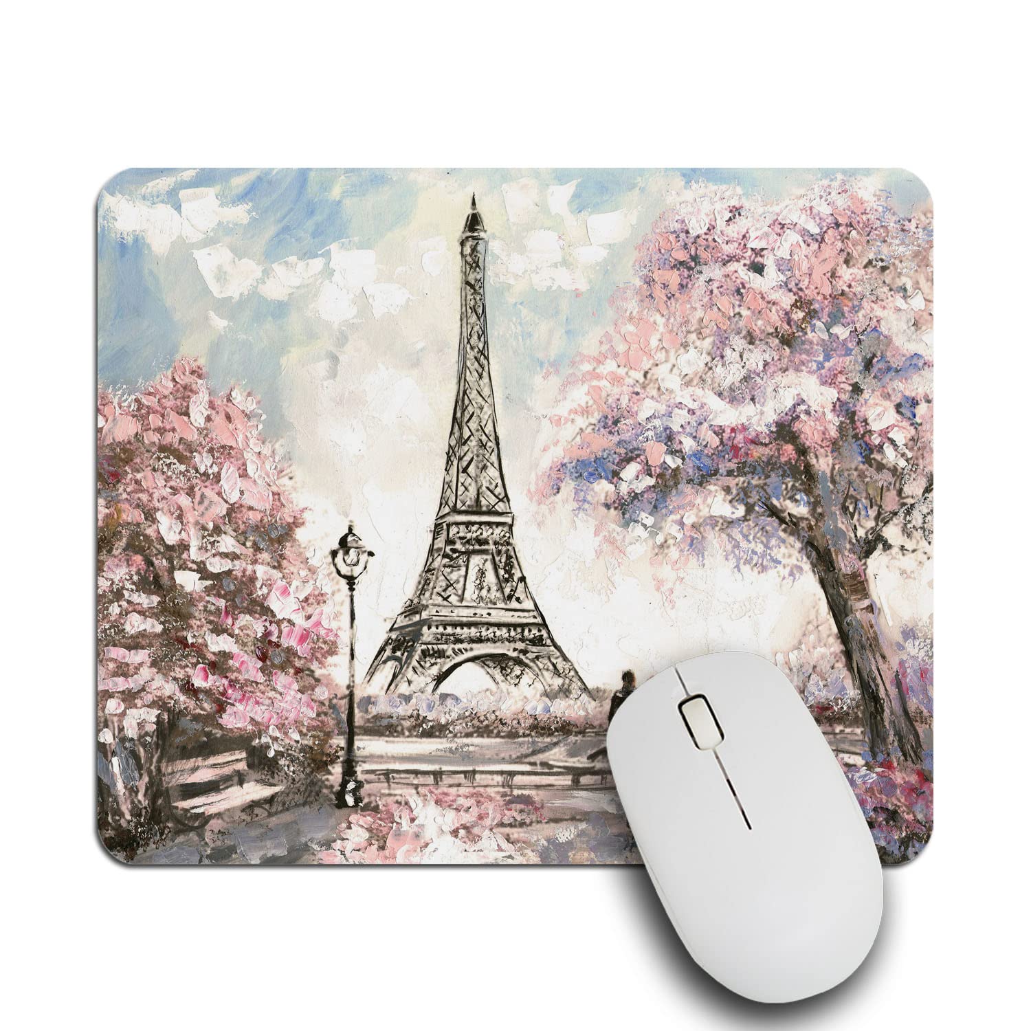 IBILIU Mouse Pad Eiffel Tower Oil Painting,Watercolor Paris Pink Flowers Trees Rectangle Mousepad Non-Slip Rubber Base Computer Mouse Pad for Laptop, Office, Home - 9.5 X 7.9 Inch