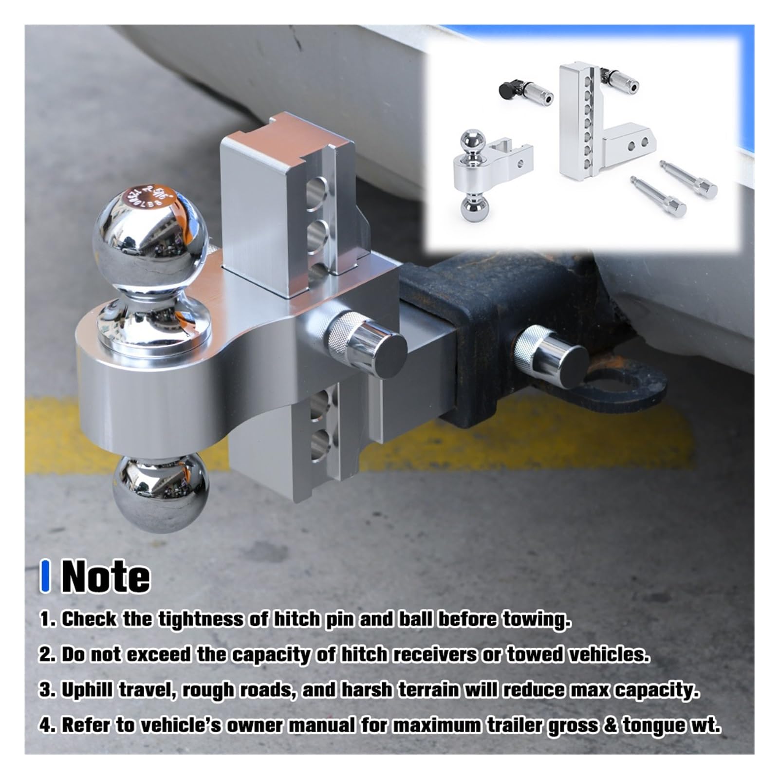 Attache Remorque, Récepteur 2'' Attelage De Remorquage Réglable en Hauteur/Hauteur De 6'' À Double Boule avec Verrouillage 10 000 LB