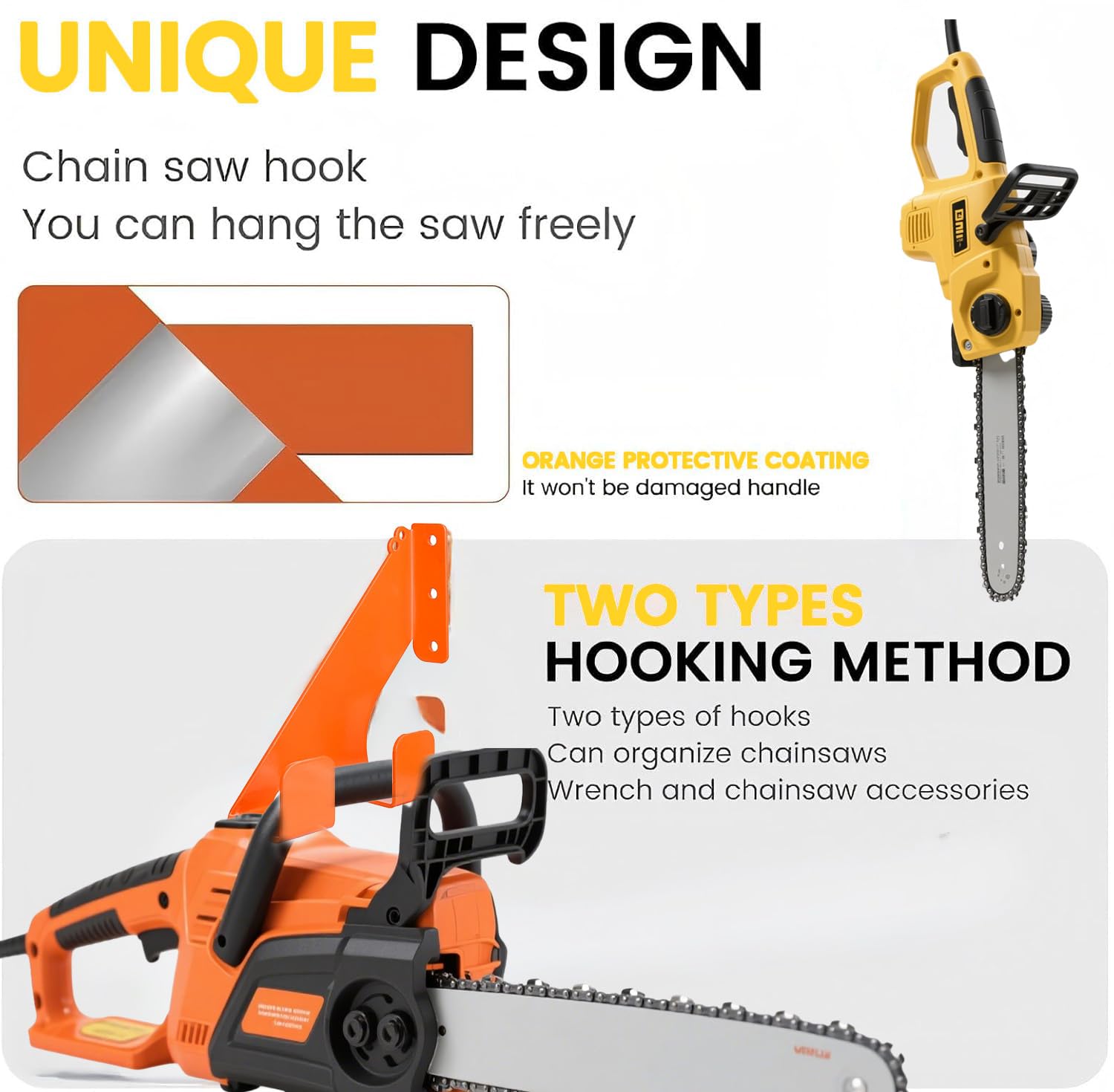Soporte de pared para motosierra (juego de 2) – Soporte de hierro resistente hasta 68 kg, con protección de goma para asas, montaje horizontal/vertical, para garaje y taller (naranja)