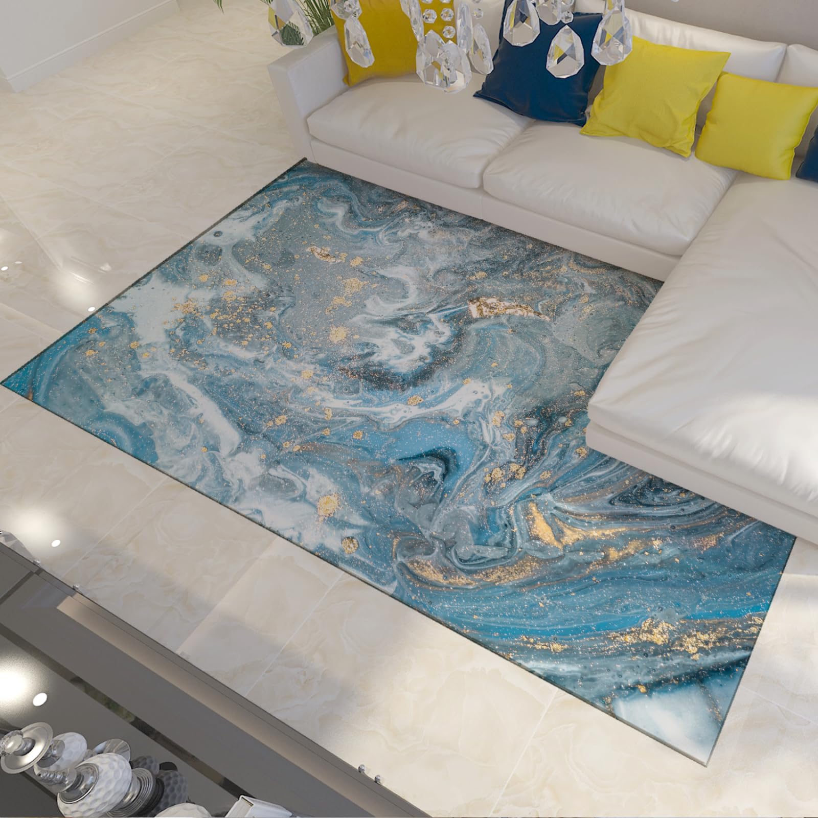 Moderner Abstrakter Wolkenteppich Waschbarer Leichter Teppich für Wohnzimmer Büro Blauer und cremefarbener Rutschfester Teppich mit weichem Boden 120x240cm