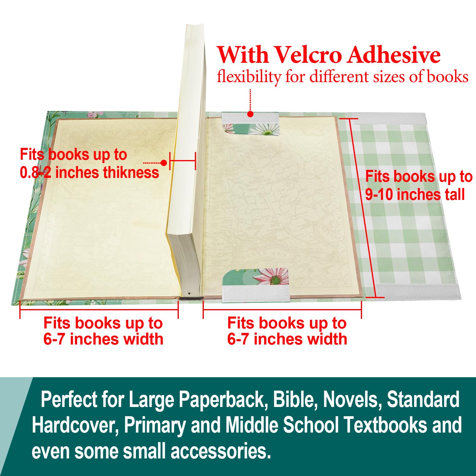 Fundas ajustables para libros, protector de libros de tela de lona lavable con bolsillos, marcapáginas, doble cara con estampado floral, funda para libro de tapa dura, novelas, libros de texto,